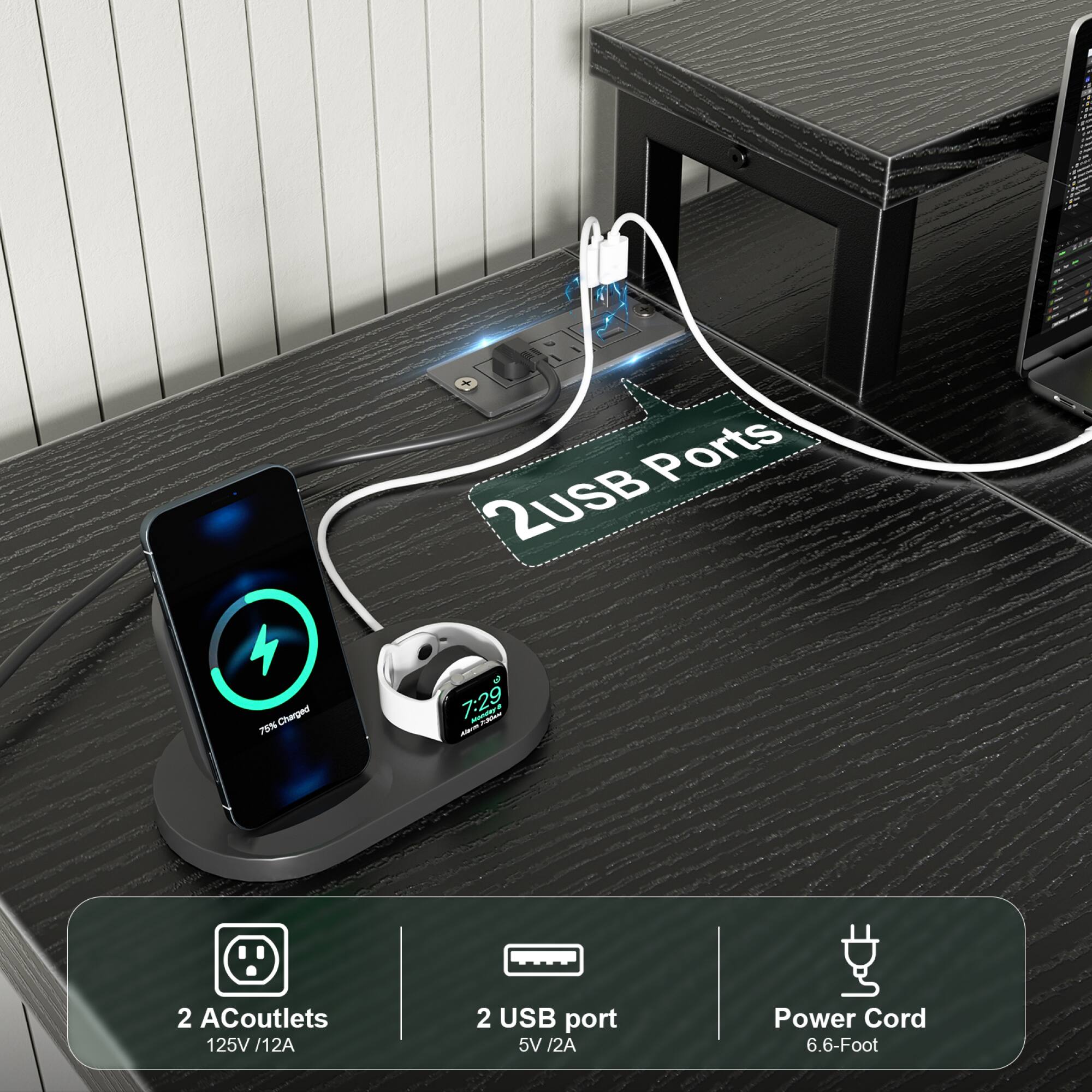 - 2 AC outlets: 125V / 12A
- 2 USB ports: 5V / 2A
- Power cord: 6.6-foot
- 7% Charged
- 7:29