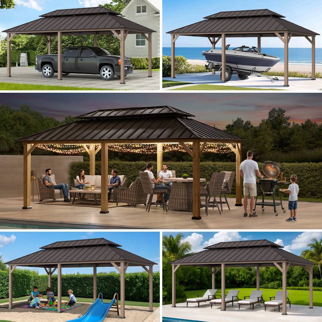 Angle. SUNJOY - Sunjoy 12 x 20 ft Cedar Wood Gazebo, Outdoor 2-Tier Brown Coated Steel Hardtop for Patio, Lawn & Backyard.