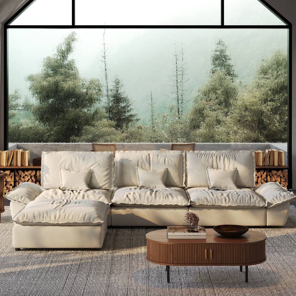 Angle. POVISON - 141.73" Sailboat Deep Sofa Stain Resistant Cozy Couch with Ottoman - Beige Suede Fabric.