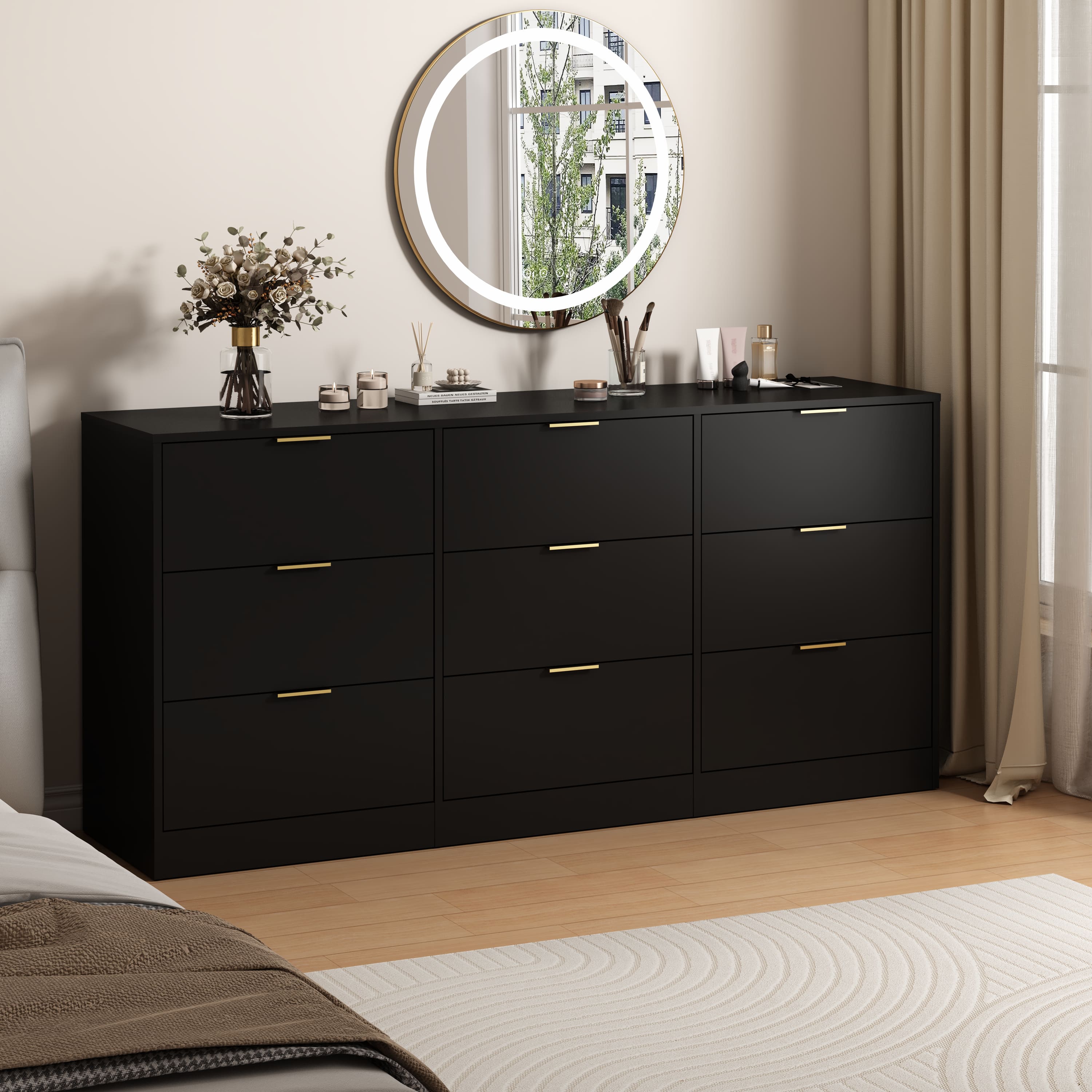 Z-Edge - 9 Drawer Dresser for Bedroom with Deep Drawers, 63" Wide Large Floor Wood Dressers & Chest of Drawers for Living Room - Black