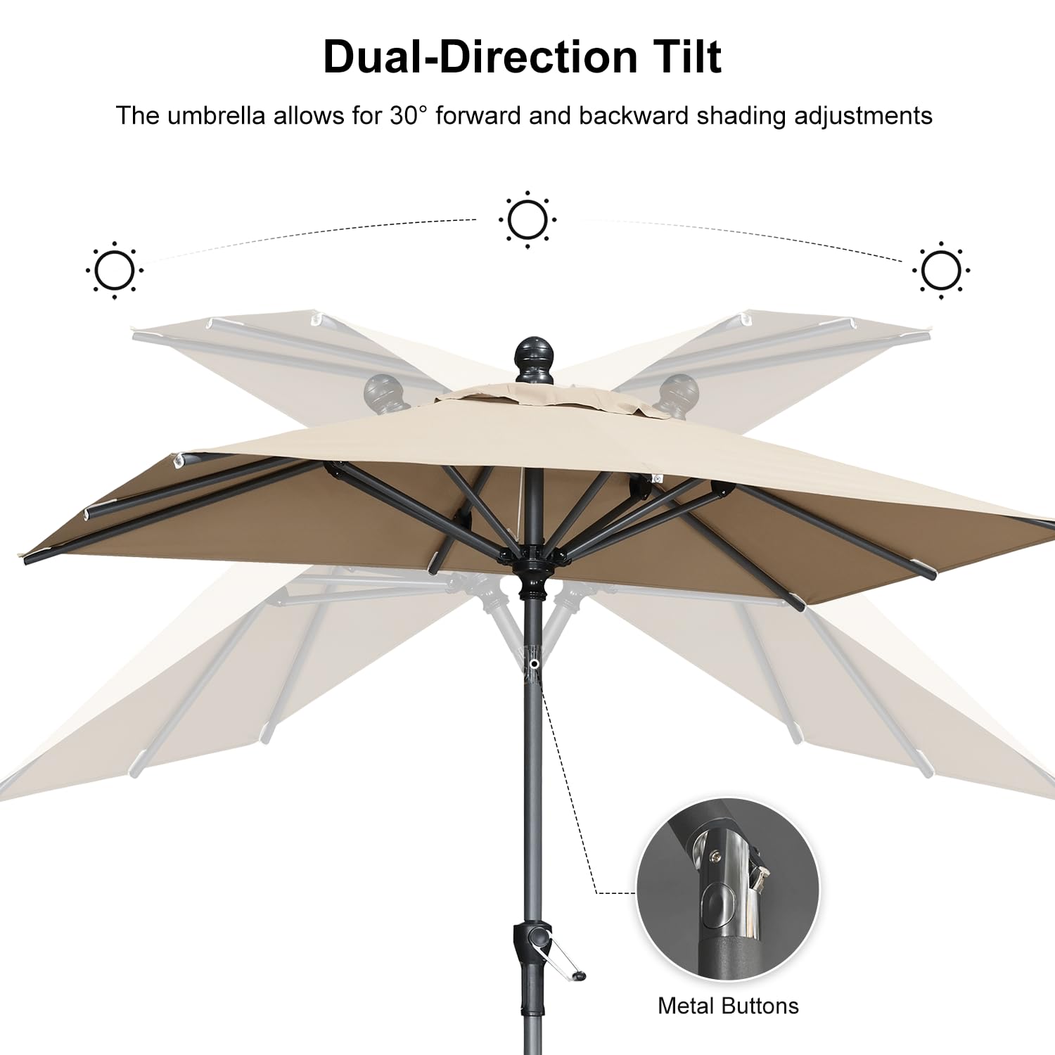 Dual-Direction Tilt  
The umbrella allows for 30° forward and backward shading adjustments  
Metal Buttons