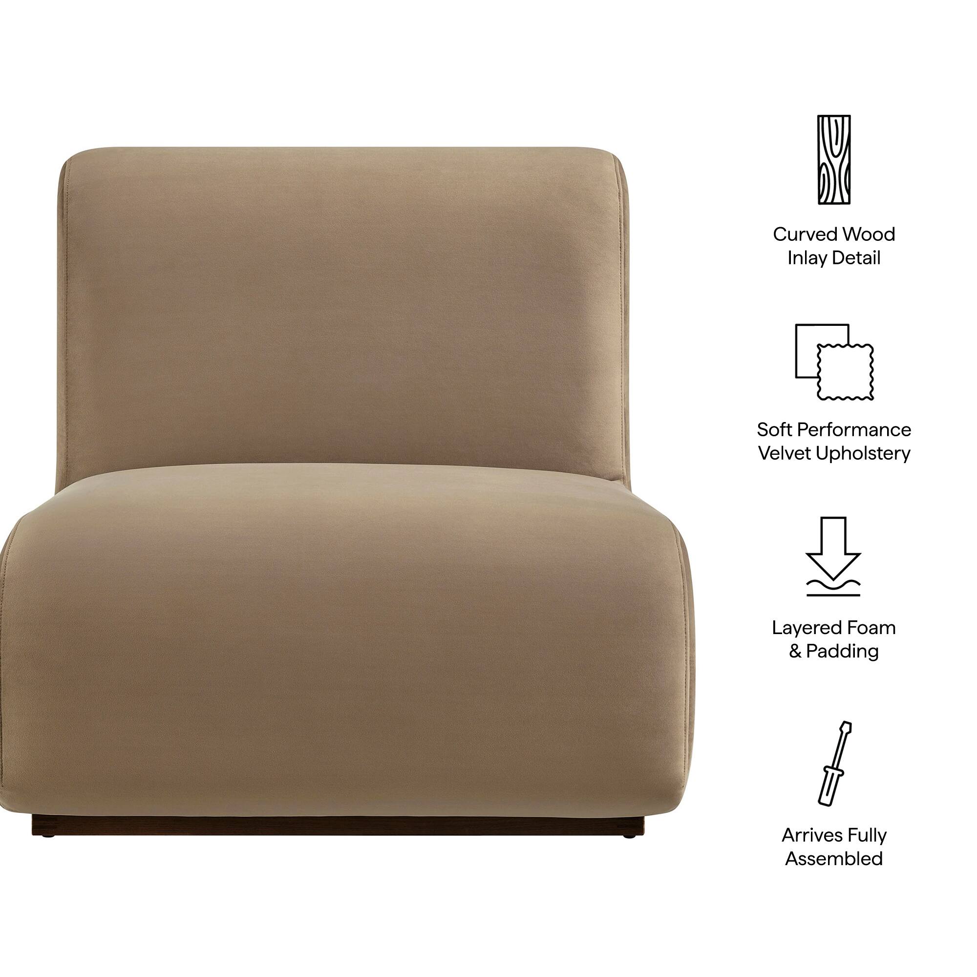 Curved Wood Inlay Detail  
Soft Performance Velvet Upholstery  
Layered Foam & Padding  
Arrives Fully Assembled