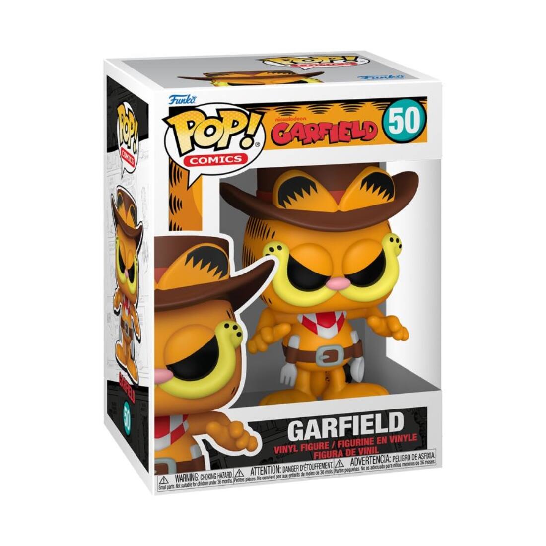 Sure, here is the corrected and grouped text from the image:

---

**Front:**
- Funko
- POP! COMICS
- GARFIELD
- 50
- GARFIELD VINYL FIGURE / FIGURINE EN VINYLE / FIGURA DE VINIL
- WARNING: CHOKING HAZARD - Small parts. Not for children under 3 years. / ATTENTION: PELIGRO DE ASFIXIA - Piezas pequeñas. No es para niños menores de 3 años.

**Side:**
- Funko
- POP! COMICS
- GARFIELD
- 50

**Bottom:**
- WARNING: CHOKING HAZARD - Small parts. Not for children under 3 years. / ATTENTION: PELIGRO DE ASFIXIA - Piezas pequeñas. No es para niños menores de 3 años.

---