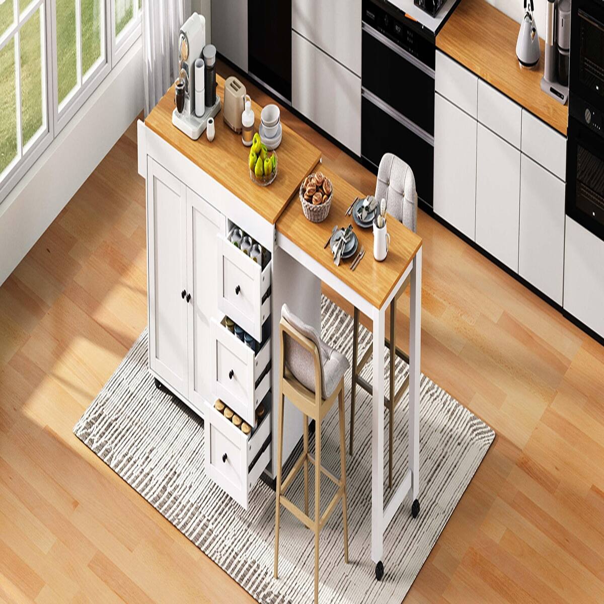 Alt View 8. Loheer - Loheer 74.8" Kitchen Island with Extendable Dining Table, White Kitchen Storage Cart with 3 Drawers & Power Outlet - White.