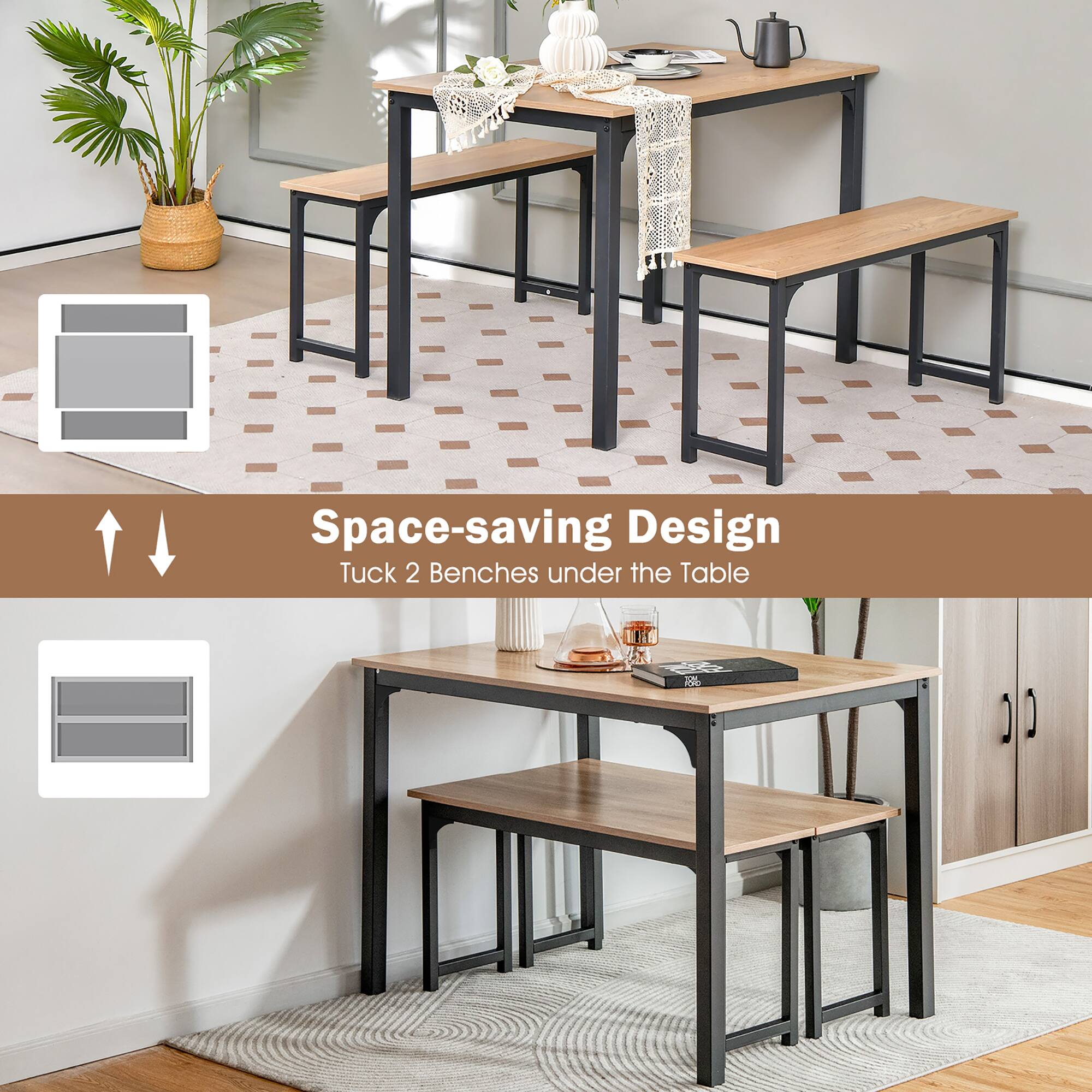 Space-saving Design Tuck 2 Benches under the Table
