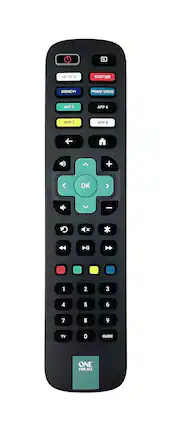 The text on the image reads: NETFLIX YOUTUBE DISNEY+ PRIME VIDEO APP 5 APP 6 APP 7 APP 8 + < OK > - x 1 2 3 4 5 6 7 8 9 TV 0 GUIDE ONE FOR ALL.