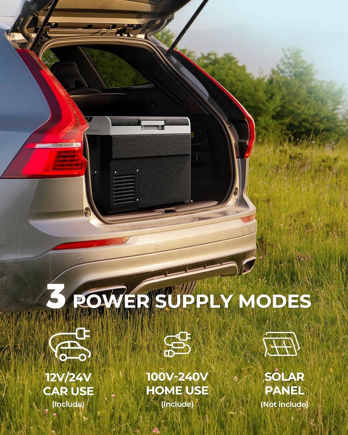 3 POWER SUPPLY MODES  
12V/24V CAR USE (Include)  
100V-240V HOME USE (Include)  
SOLAR PANEL (Not include)