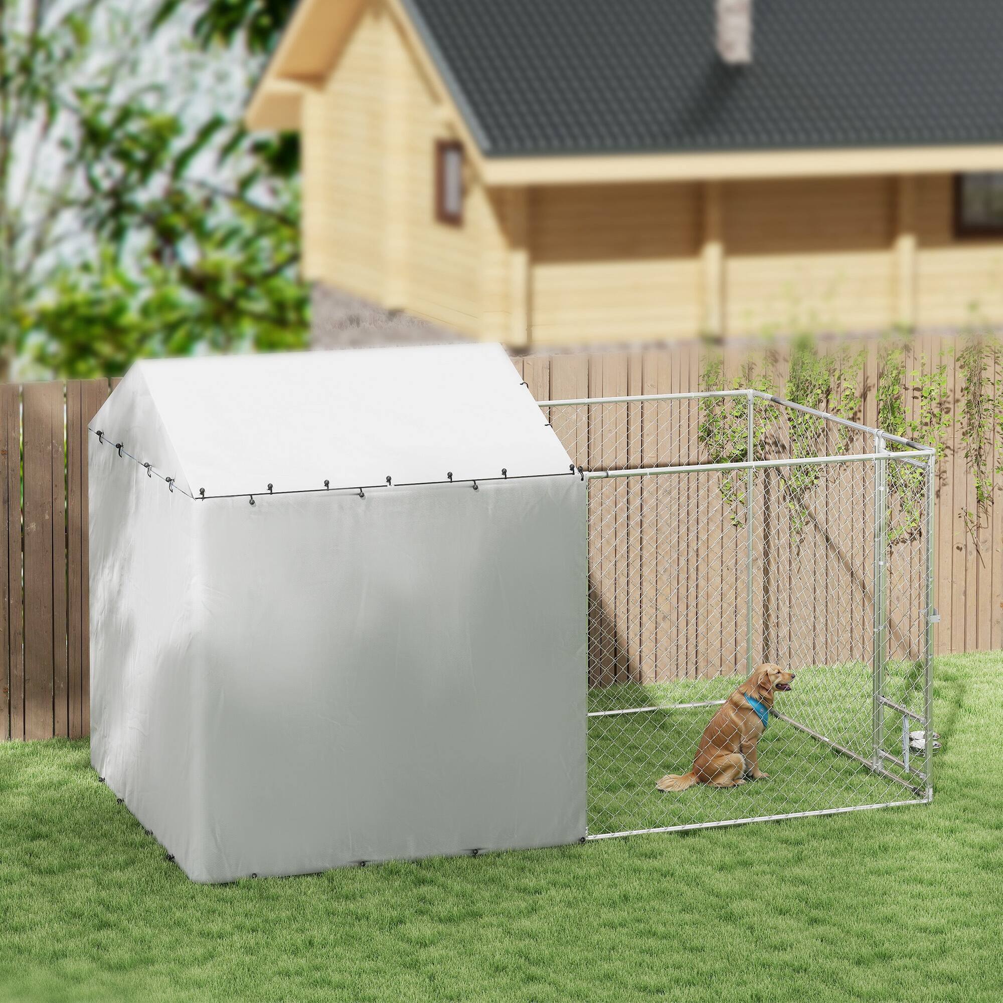 Alt View 5. Pawhut - Heavy Duty Outdoor Dog Kennel, Chain Link Run, Rotating Bowls Door, Waterproof Cover, Medium, Large , 13.1'x7.5'x7.5'.