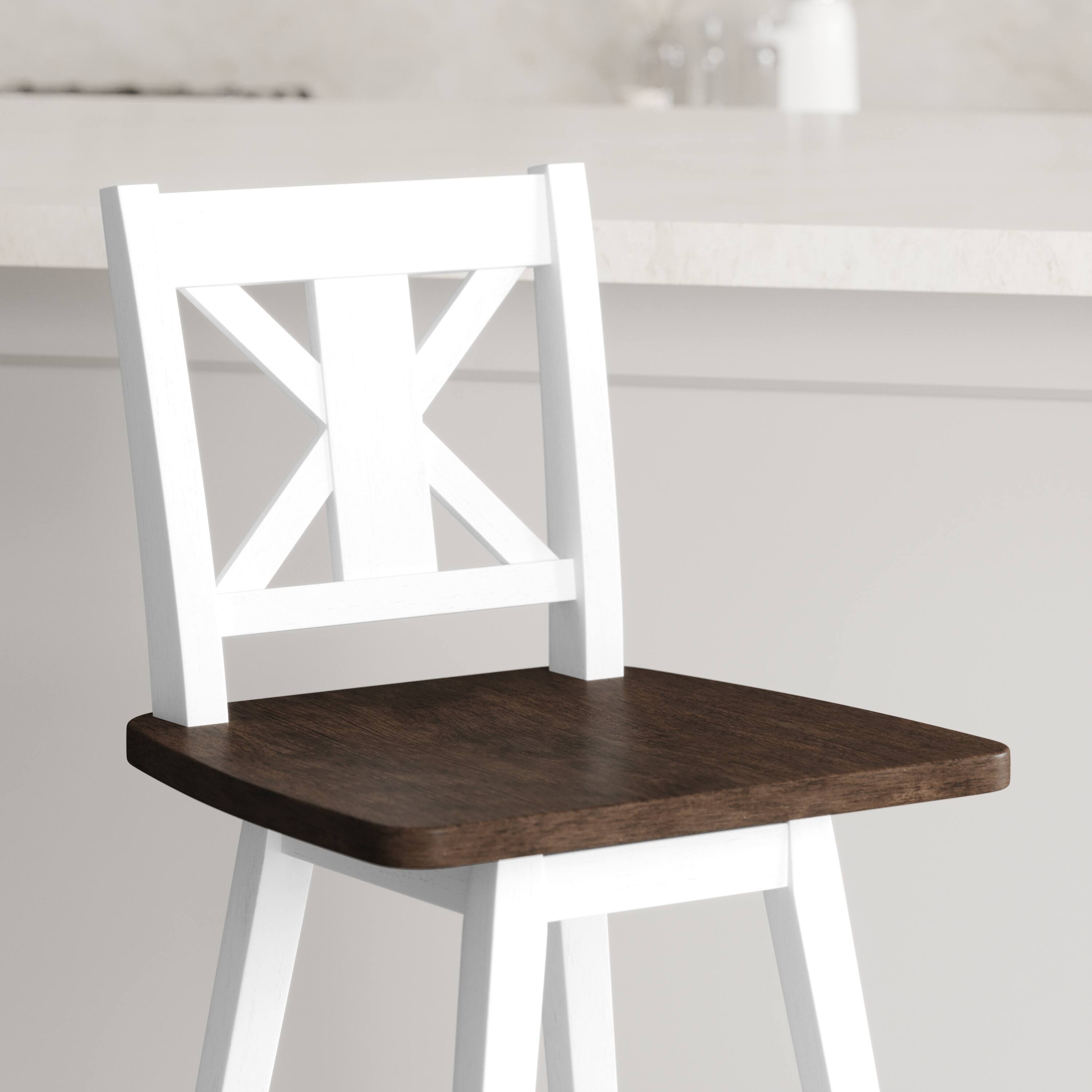 Alt View 3. Emma + Oliver - Luther Wooden Modern Farmhouse Swivel Dining Stool with Decorative Carved Back - Antique White Wash Frame/Gray Wash Seat.