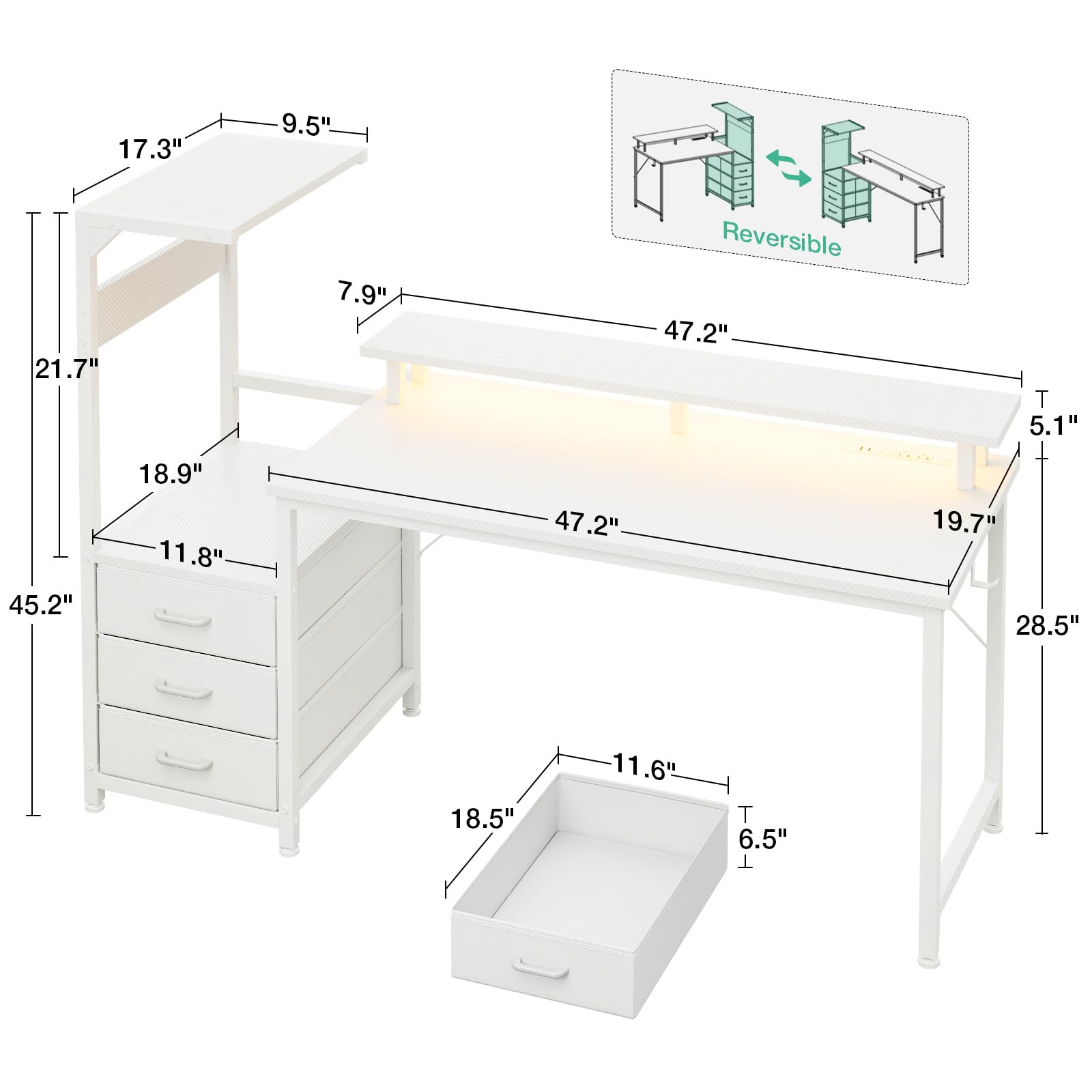 17.3" 9.5" 21.7" 7.9" Reversible 47.2" 5.1" 45.2" 18.9" 11.8" 47.2" 19.7" 28.5" 18.5" 11.6" 6.5"