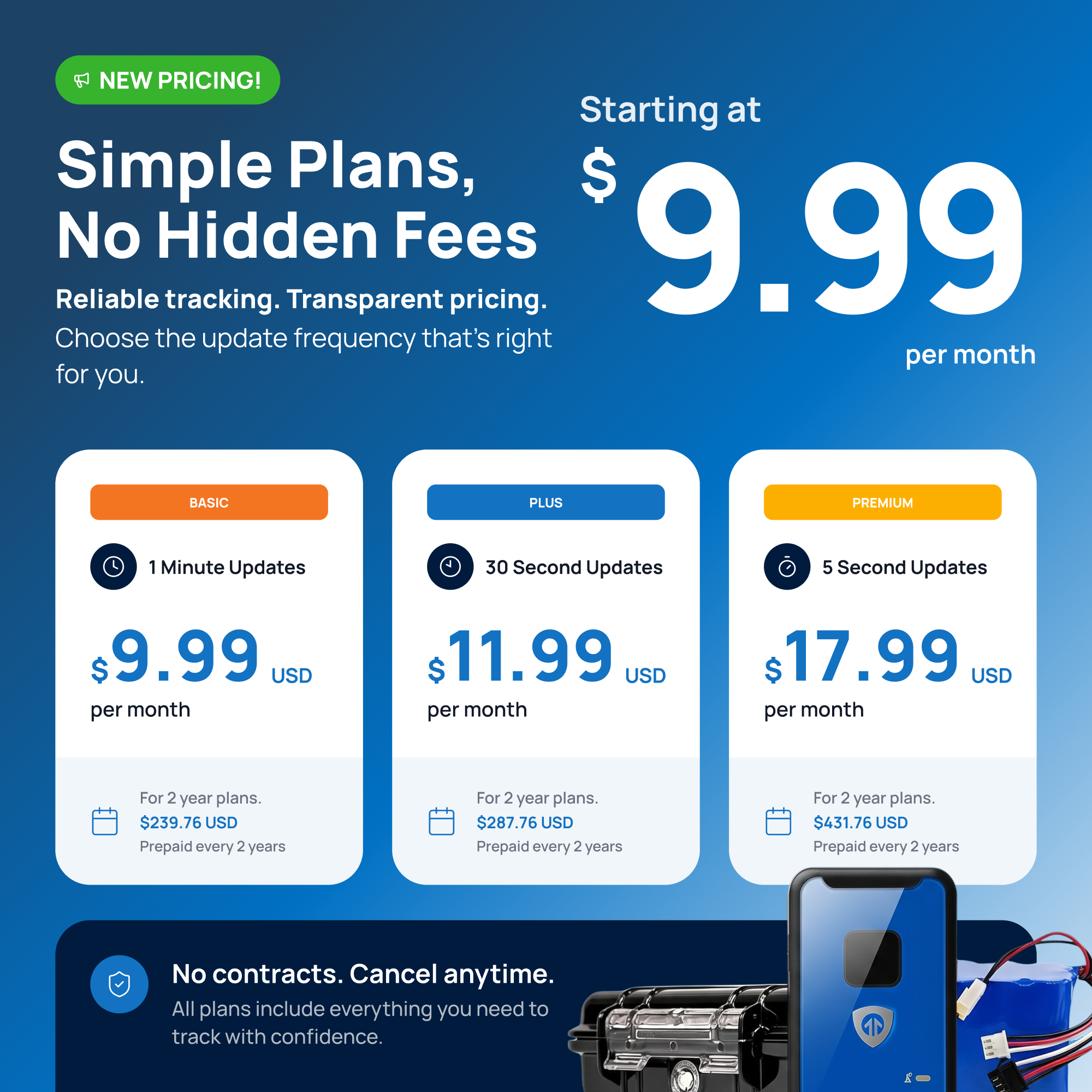 NEW PRICING!  
Simple Plans, No Hidden Fees  
Starting at $9.99 per month  

Reliable tracking. Transparent pricing. Choose the update frequency that's right for you.  

BASIC  
1 Minute Updates  
$9.99 USD per month  
For 2 year plans. $239.76 USD Prepaid every 2 years  

PLUS  
30 Second Updates  
$11.99 USD per month  
For 2 year plans. $287.76 USD Prepaid every 2 years  

PREMIUM  
5 Second Updates  
$17.99 USD per month  
For 2 year plans. $431.76 USD Prepaid every 2 years  

No contracts. Cancel anytime. All plans include everything you need to track with confidence.