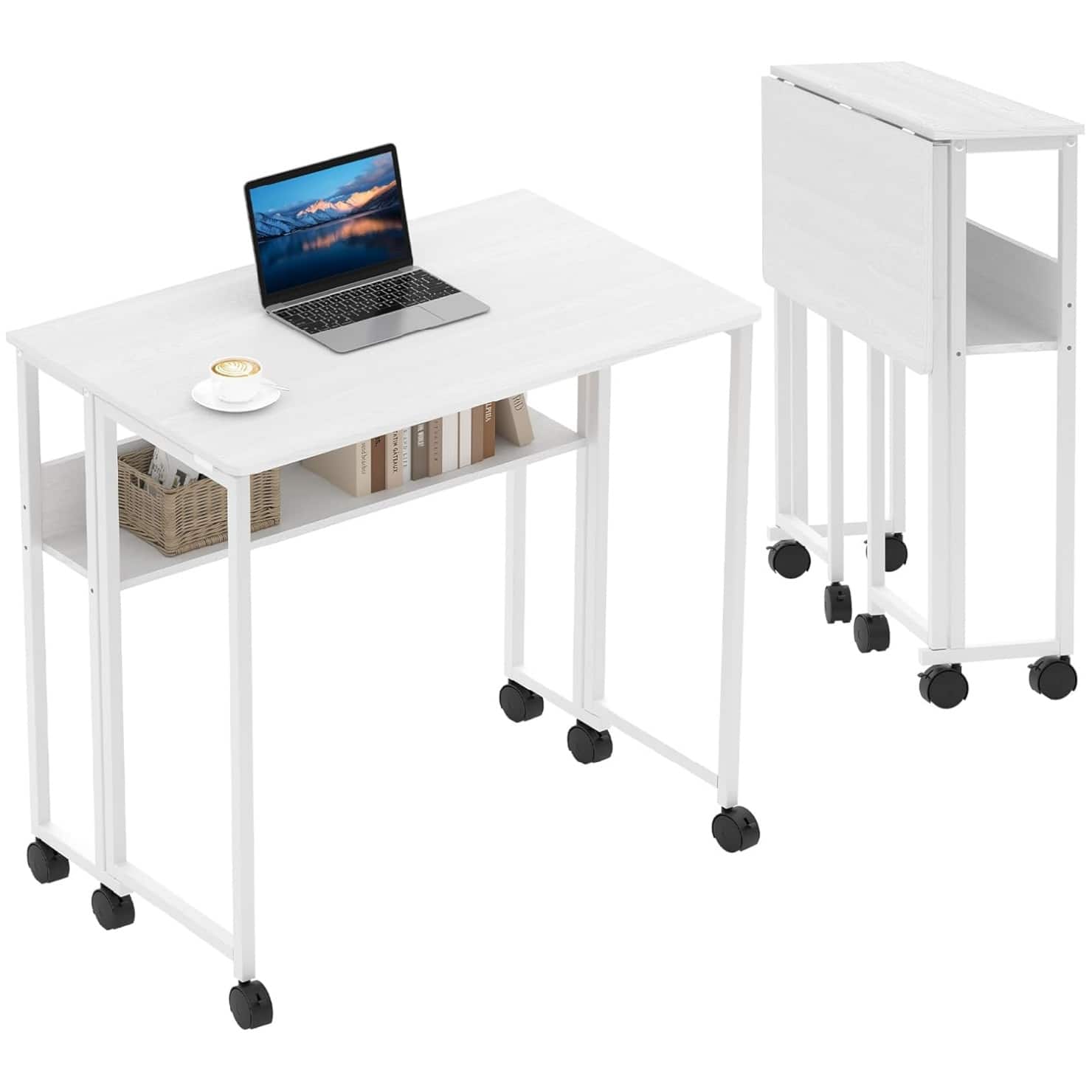 GARVEE - Space-Saving Folding Desk with Storage Shelf and Wheels - 31.5" Mobile Computer Table - White