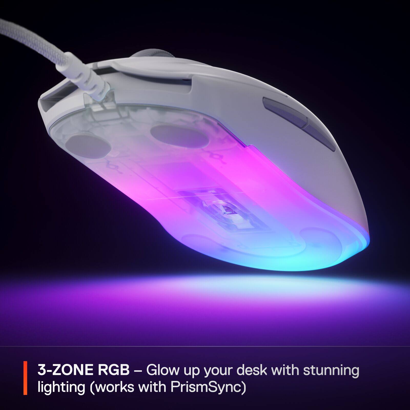 The text on the image reads: "3-ZONE RGB - Glow up your desk with stunning lighting (works with PrismSync)."