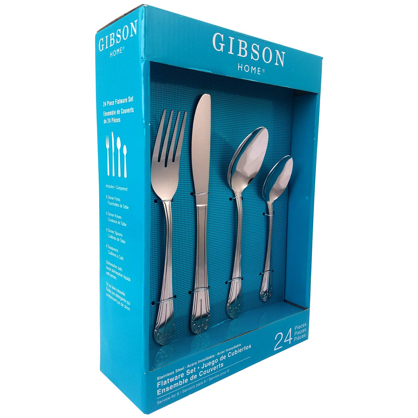 Gibson Home Flatware Set 24 Pieces Stainless Steel Forks, Knives, and Spoons. Includes 10 forks, 10 knives, and 4 spoons. The set is made of stainless steel and is dishwasher safe. The flatware is suitable for everyday use and is perfect for a complete table setting.