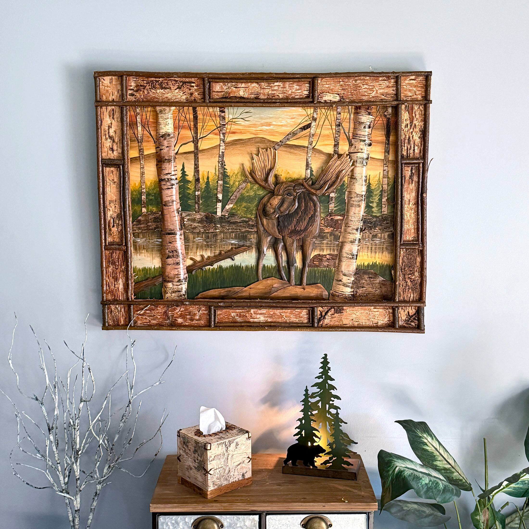 Alt View 3. Zeckos - Rustic Moose Birch Forest Wood Wall Sculpture 28.75x36.5 Brown Glossy - Brown.