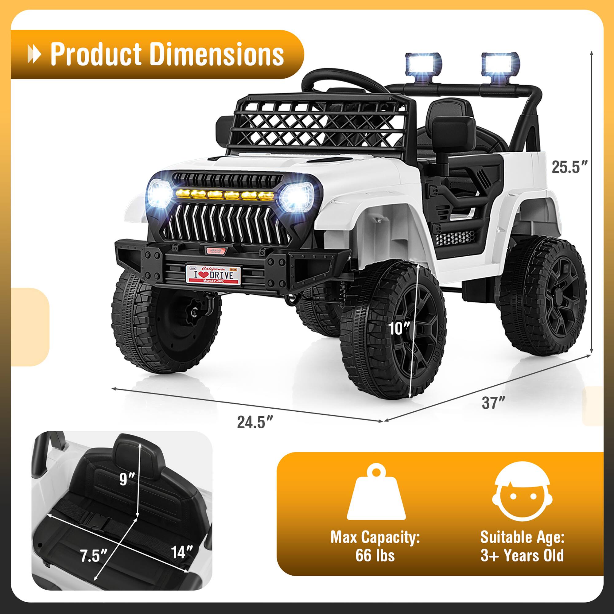 Product Dimensions

25.5"  
10"  
24.5"  
37"  
9"  
7.5"  
14"  

Max Capacity: 66 lbs  
Suitable Age: 3+ Years Old