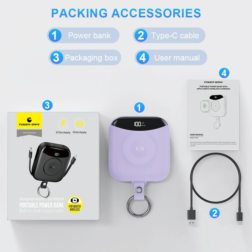 PACKING ACCESSORIES
1. Power bank
2. Type-C cable
3. Packaging box
4. User manual

POWER BANK
PORTABLE POWER BANK WITH APPLE WATCH WIRELESS CHARGING

POWER-SAFE FOR OS Android
PD SCP fast charging PD fast charging

USER MANUAL
Model: It - quality properly
V postrasing of V poduct. POINT assed lovefuly MAY w

Designed wireless for iWatch PORTABLE POWER BANK FOR WATCH Built-in dual cable WIRELESS output