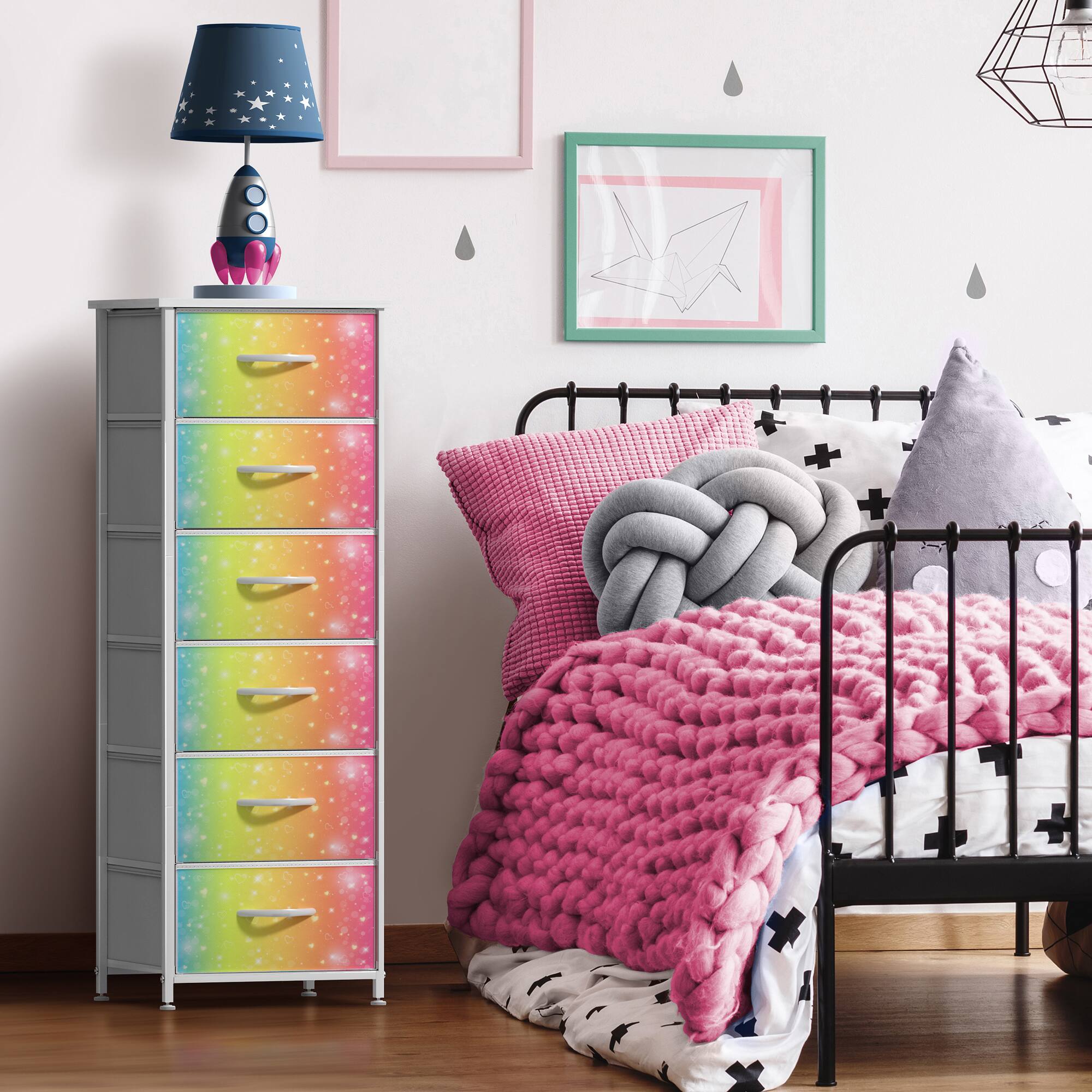 Angle. Sorbus - Sorbus Fabric Dresser for Kids Bedroom - Chest of 6 Drawers, Tall Storage Tower, Clothing Organizer, for Closet - Rainbow Glitter.