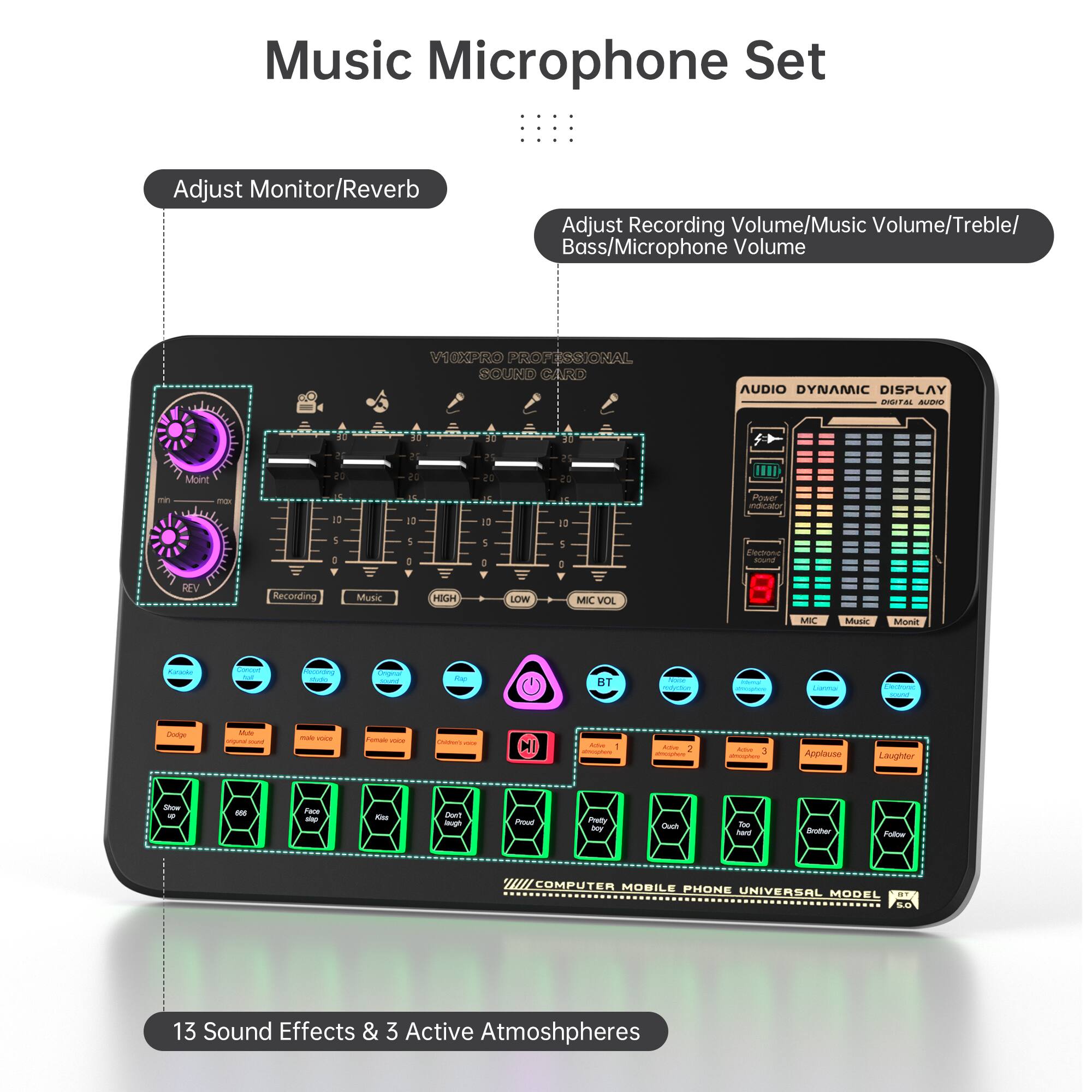 Music Microphone Set

- Adjust Monitor/Reverb
- Adjust Recording Volume/Music Volume/Treble/Bass/Microphone Volume

13 Sound Effects & 3 Active Atmospheres

- Computer, Mobile Phone Universal Model
