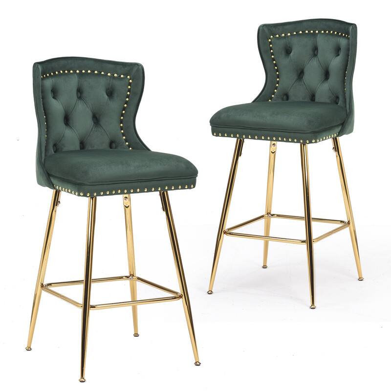 Alt View 1. HTUTWOO - Set of 2 Velvet Counter Bar Stools, with Button Tufted & Nailhead Trim, Metal Legs for Kitchen Island, Dining Room & Pub - Green.