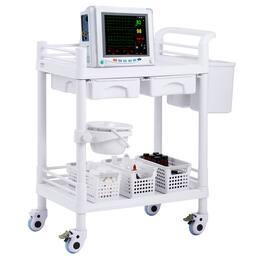 VEVOR - 2 Tiers Lab Carts, Lab Cart with 2 Trays, 2 Drawers &4 Silent Wheels, Mobile Medical Cart with PP Material, 3 Trash Cans - White