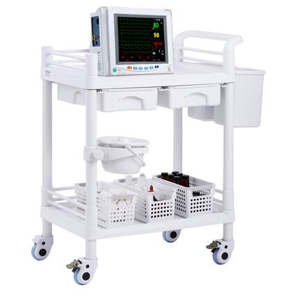 Front. VEVOR - 2 Tiers Lab Carts, Lab Cart with 2 Trays, 2 Drawers &4 Silent Wheels, Mobile Medical Cart with PP Material, 3 Trash Cans - White.