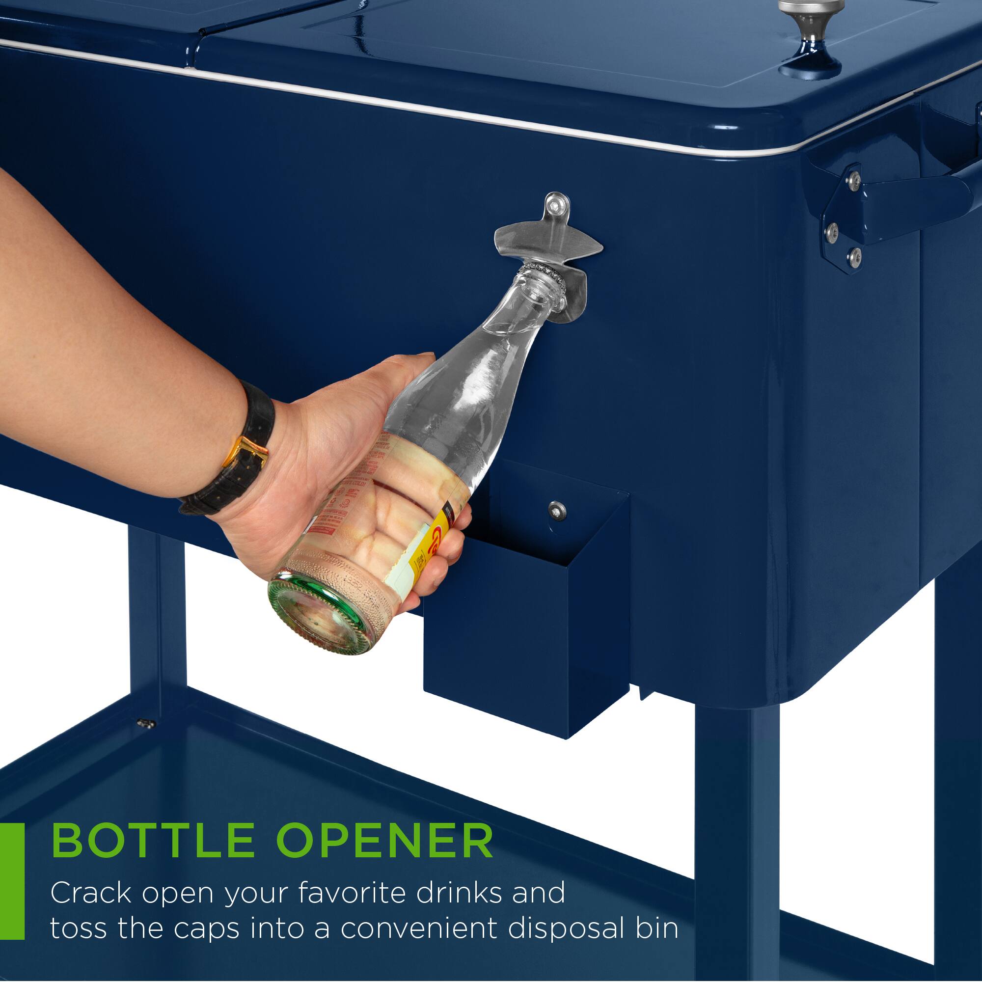 BOTTLE OPENER  
Crack open your favorite drinks and toss the caps into a convenient disposal bin