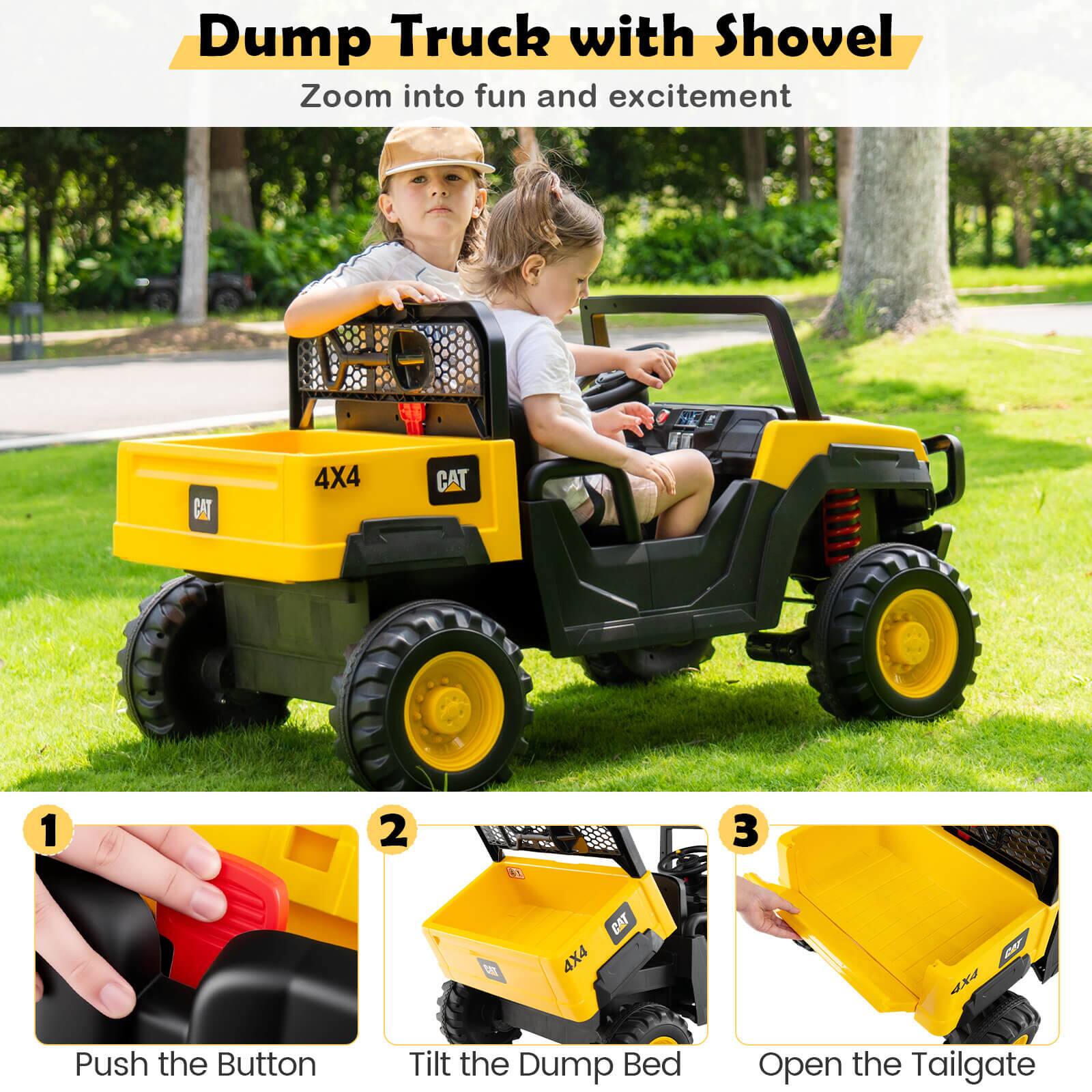 Dump Truck with Shovel  
Zoom into fun and excitement  

1. Push the Button  
2. Tilt the Dump Bed  
3. Open the Tailgate