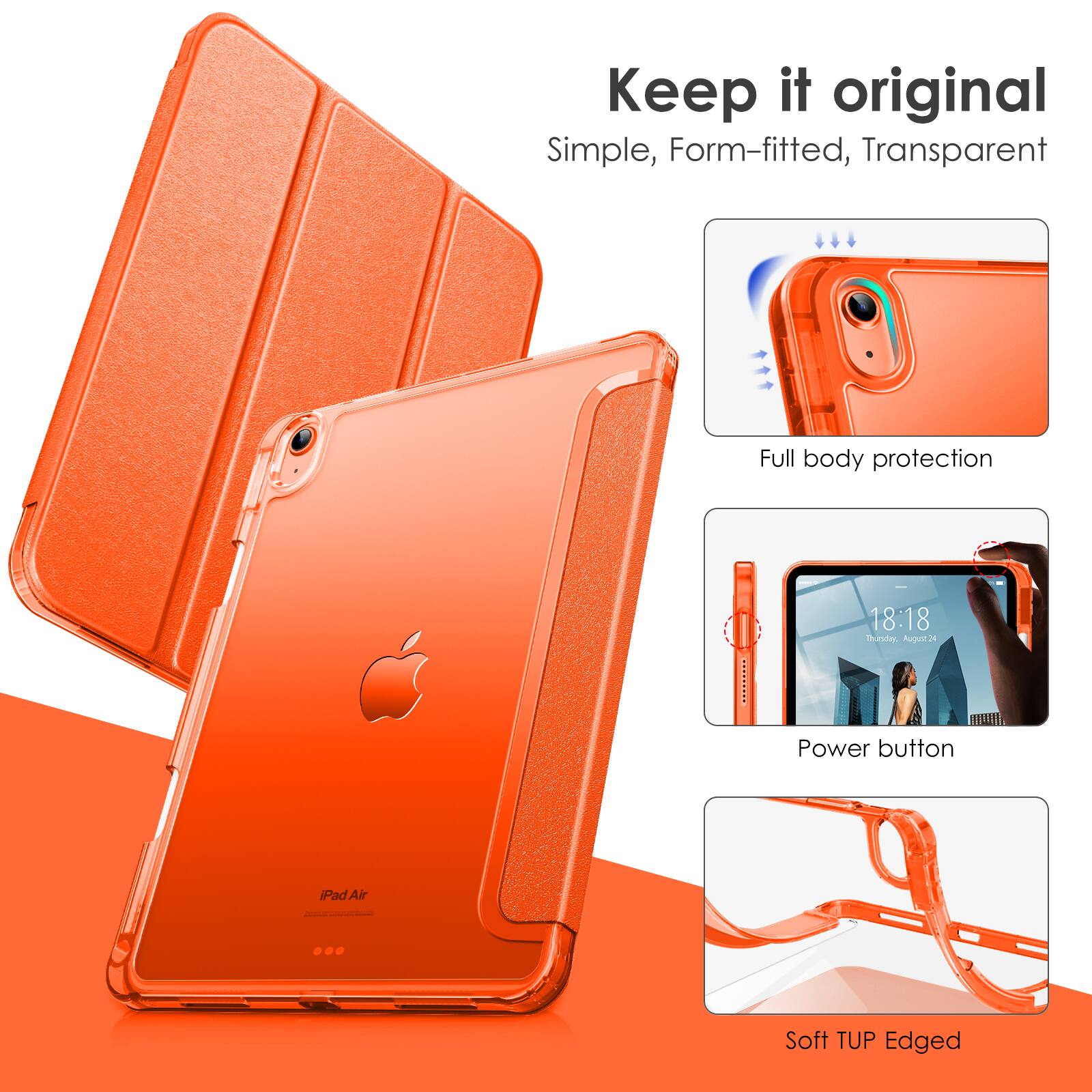 Keep it original  
Simple, Form-fitted, Transparent  

Full body protection  

Power button  

Soft TUP Edged