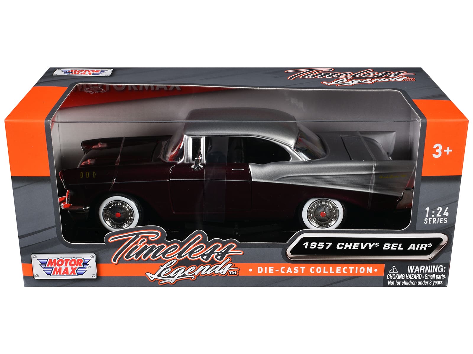 Motormax - 1957 Chevrolet Bel Air "Timeless Legends" Series 1/24 - Burgundy Metallic and Silver Metallic