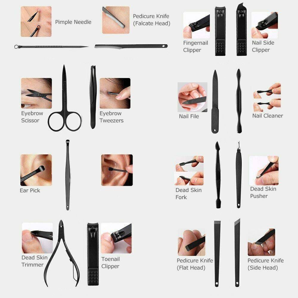 - Pimple Needle
- Pedicure Knife (Falcate Head)
- Fingernail Clipper
- Nail Side Clipper
- Eyebrow Scissor
- Eyebrow Tweezers
- Nail File
- Nail Cleaner
- Ear Pick
- Dead Skin Fork
- Dead Skin Pusher
- Dead Skin Trimmer
- Toenail Clipper
- Pedicure Knife (Flat Head)
- Pedicure Knife (Side Head)