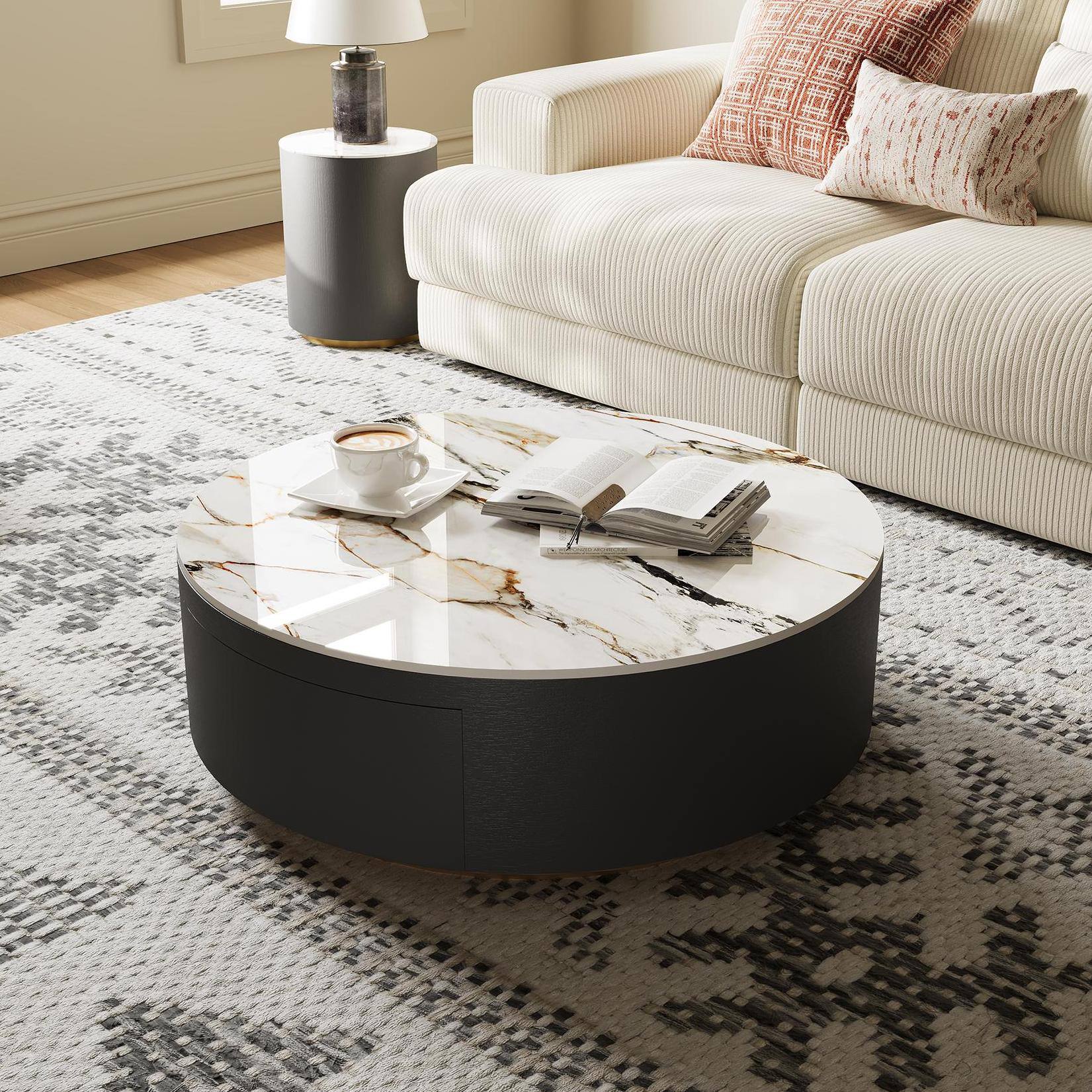 Angle. POVISON - 35" Modern WoodRound Drum Sintered Stone Coffee Table with 2 Drawers Fully Assembled, Black & White - White & Black.