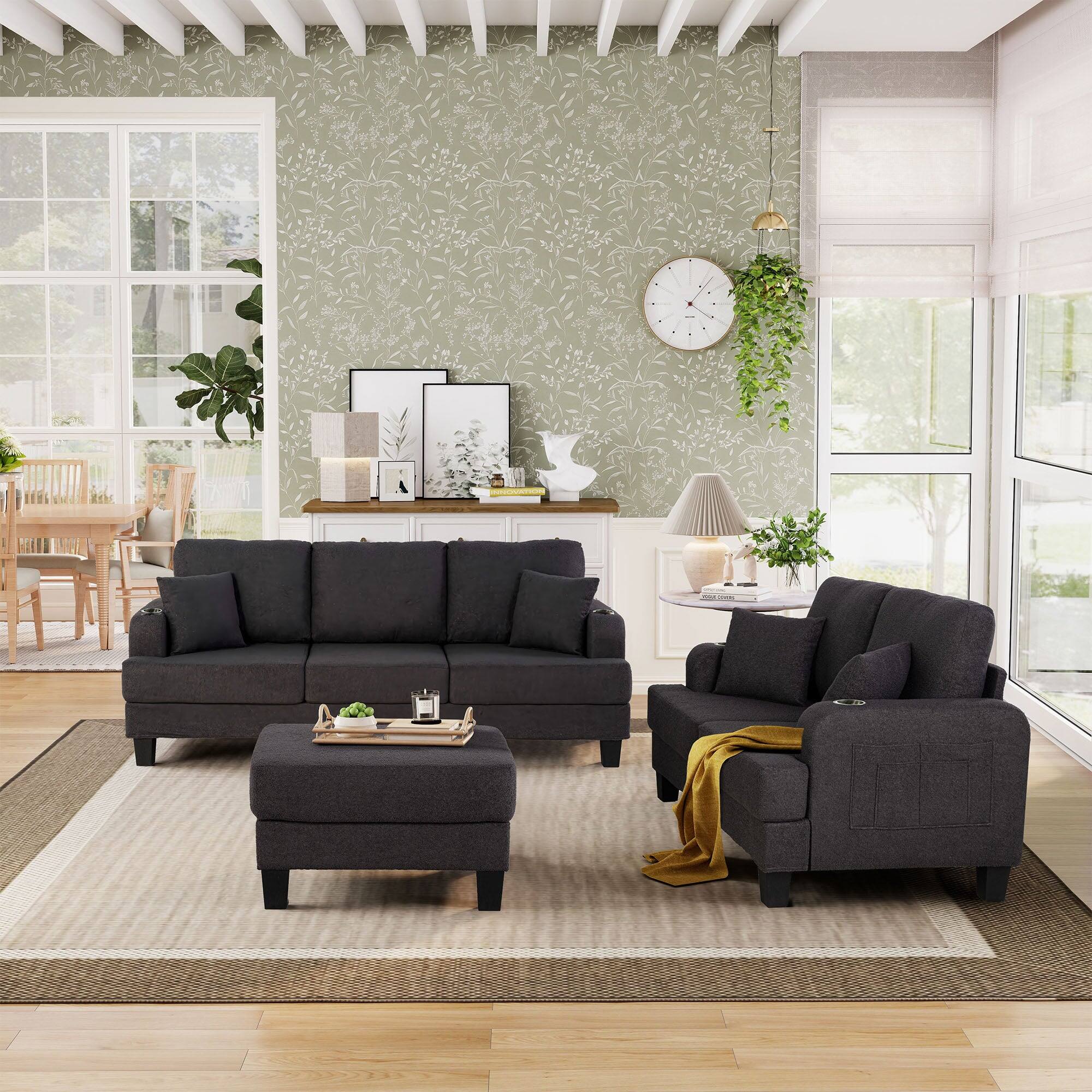 Alt View 1. Boyel Living - 84.64 in. Wide Straight Arm 3-Seat Fabric Sectional Sofa with Ottoman, USB Port and Cup Holder - Gray.