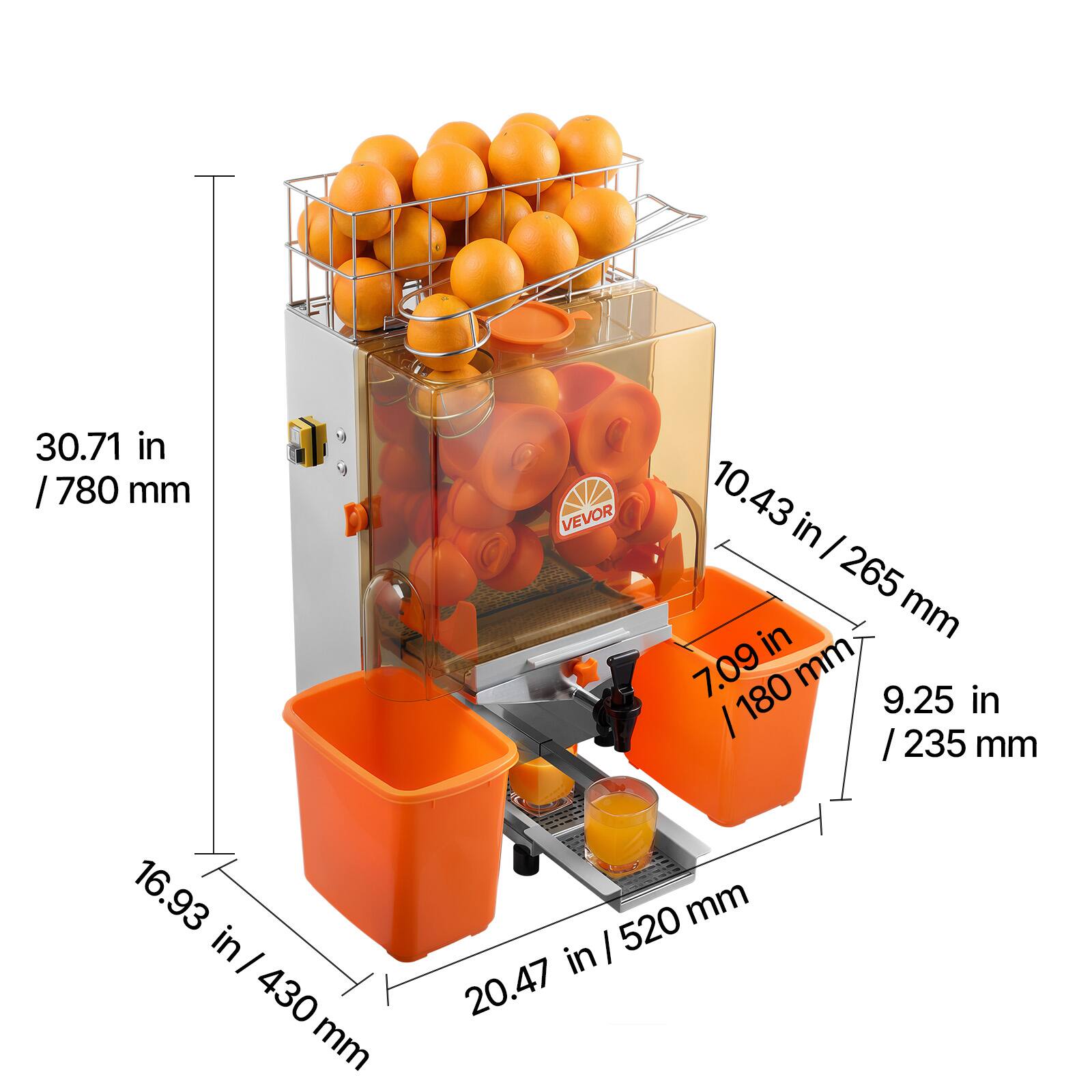 30.71 in / 780 mm  
10.43 in / 265 mm  
7.09 in / 180 mm  
9.25 in / 235 mm  
16.93 in / 430 mm  
20.47 in / 520 mm