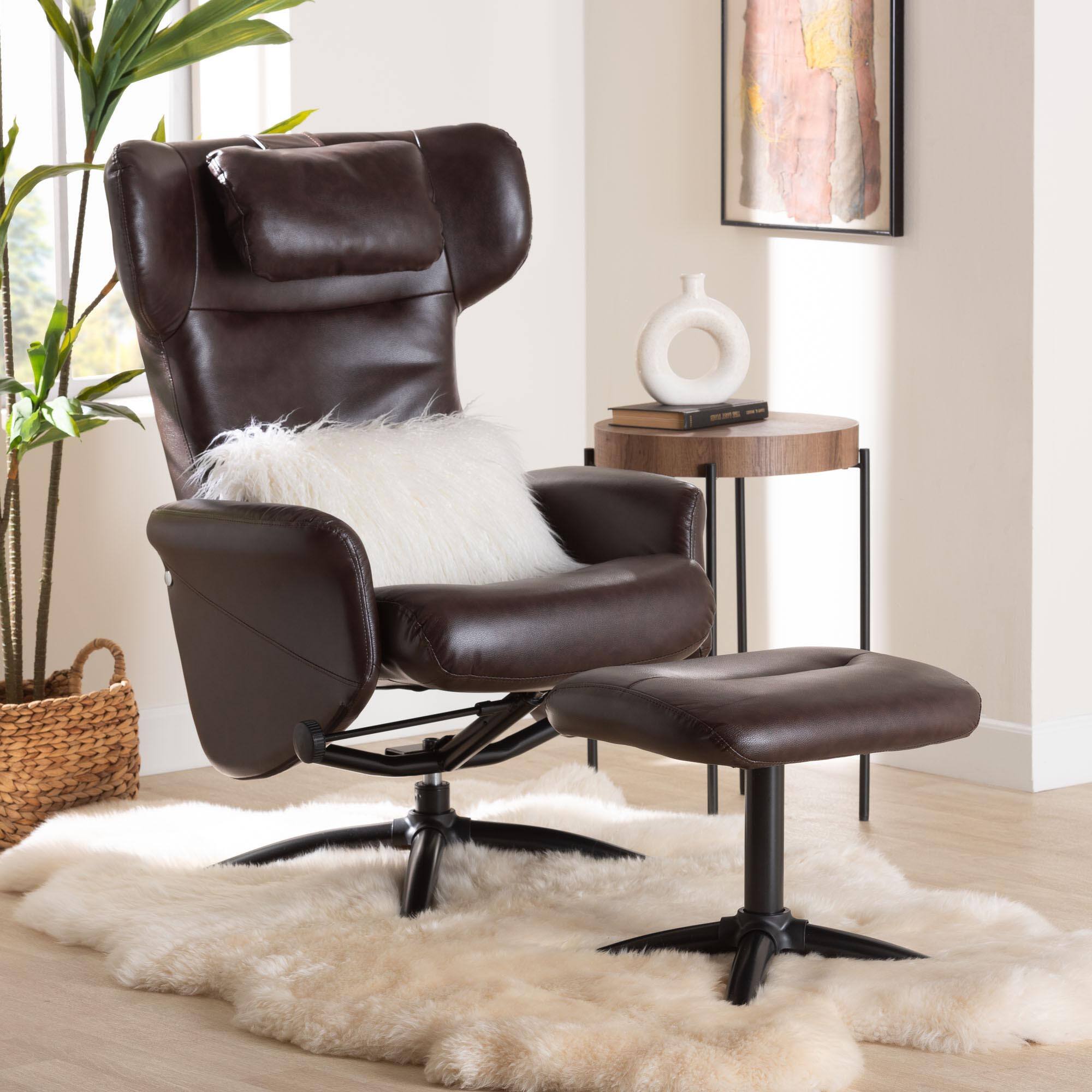 Alt View 8. Baxton Studio - Elwood Modern Faux Leather 2-Piece Lounge Chair and Footrest Set - Dark Brown/Black.
