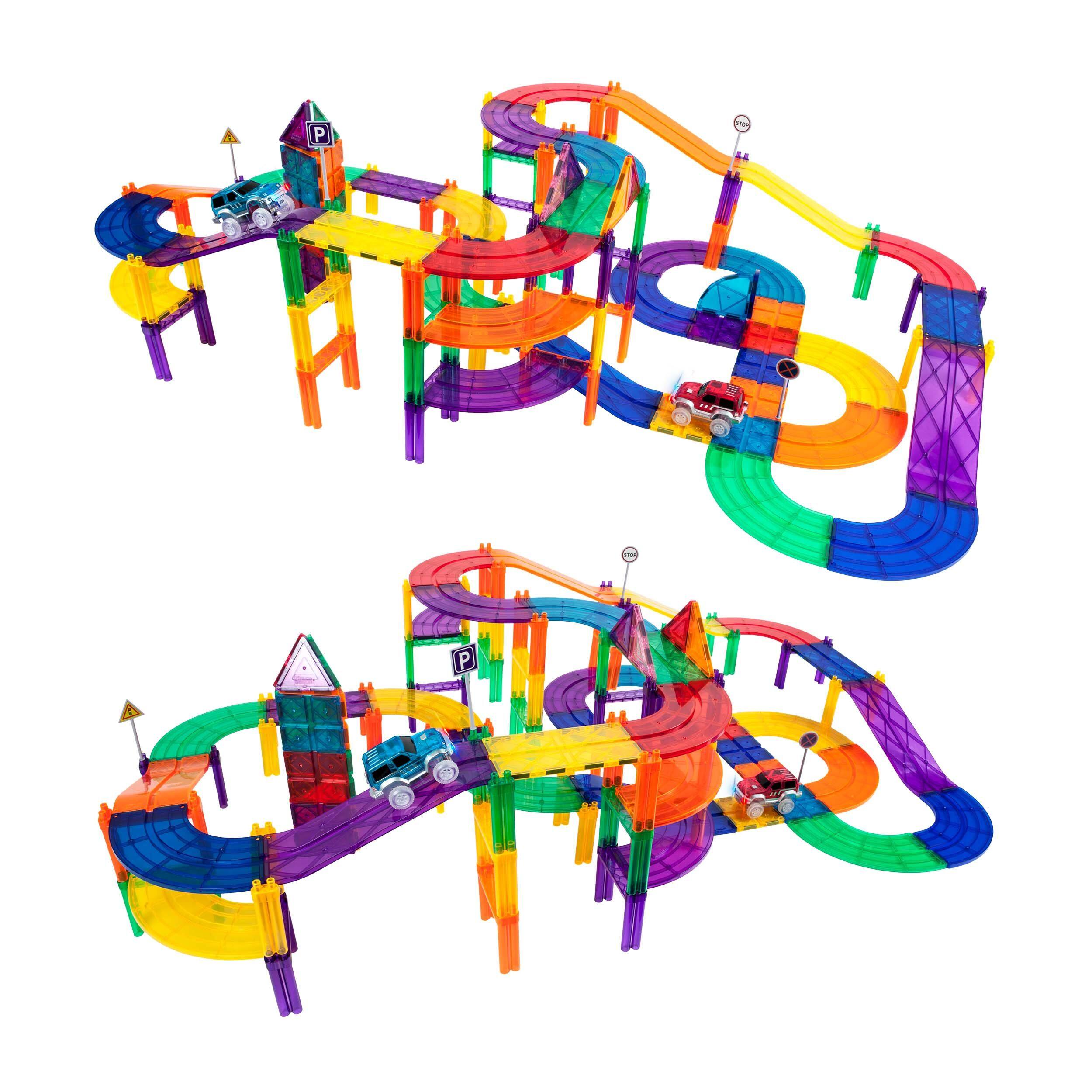Alt View 3. PicassoTiles - PICASSO-TILES Race Track Magnetic Tiles for Kids, 100PCS with 2 Racing Cars, STEM Building Blocks Educational Toy - Multicolor.