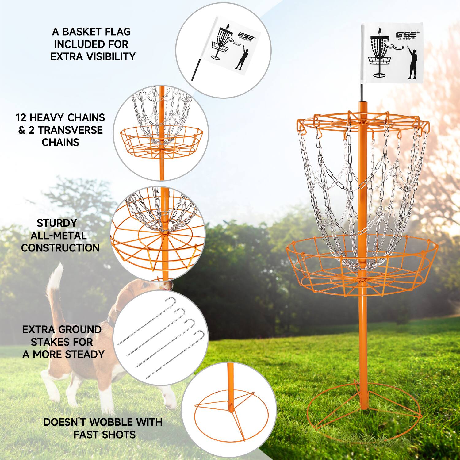 A BASKET FLAG INCLUDED FOR EXTRA VISIBILITY, GSE ios i 12 HEAVY CHAINS & 2 TRANSVERSE CHAINS, STURDY ALL-METAL CONSTRUCTION, EXTRA GROUND STAKES FOR A MORE STEADY, DOESN'T WOBBLE WITH FAST SHOTS.