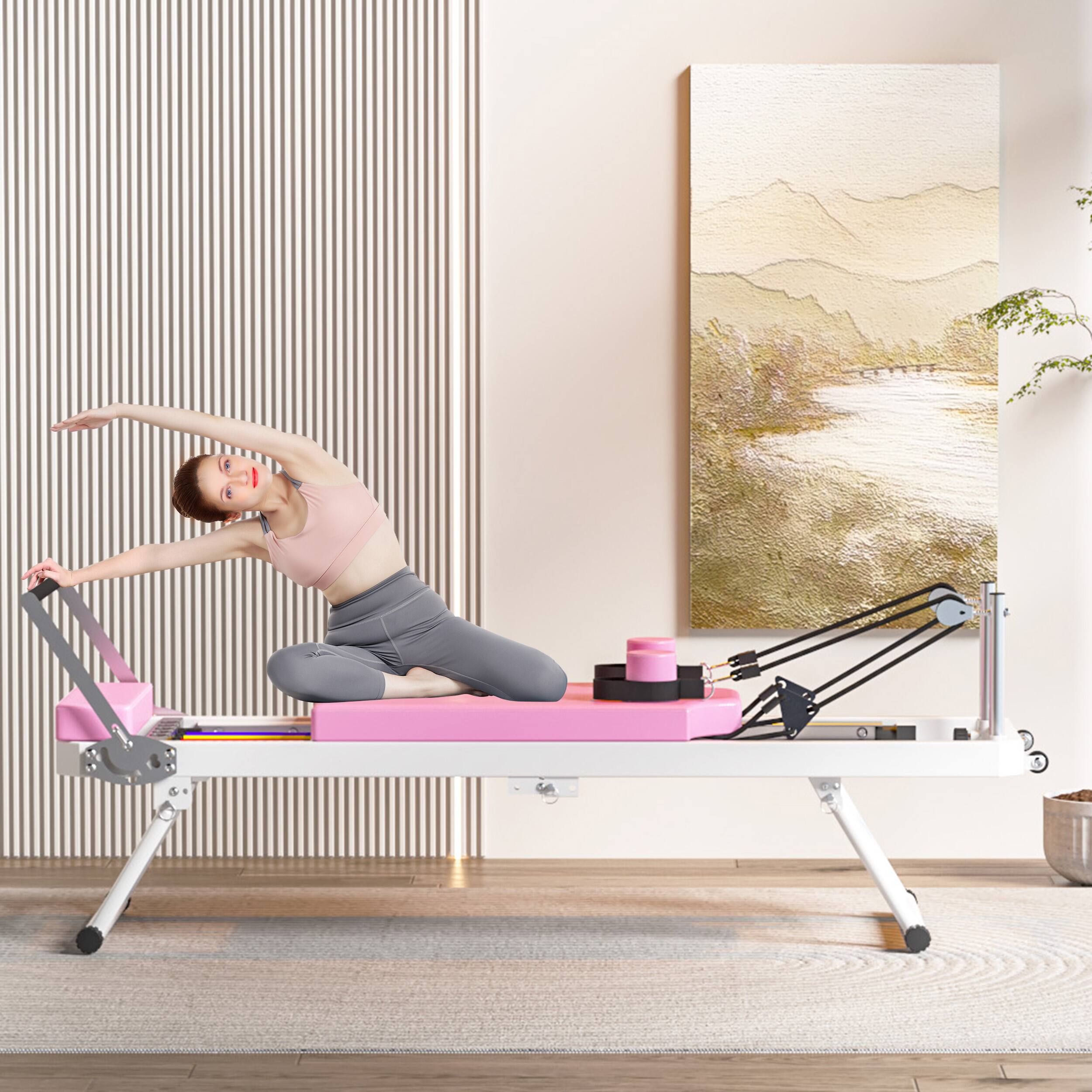 Alt View 1. PexFix - Foldable Pilates Reformer Machine with Double Resistance for Home Gym - Pink.