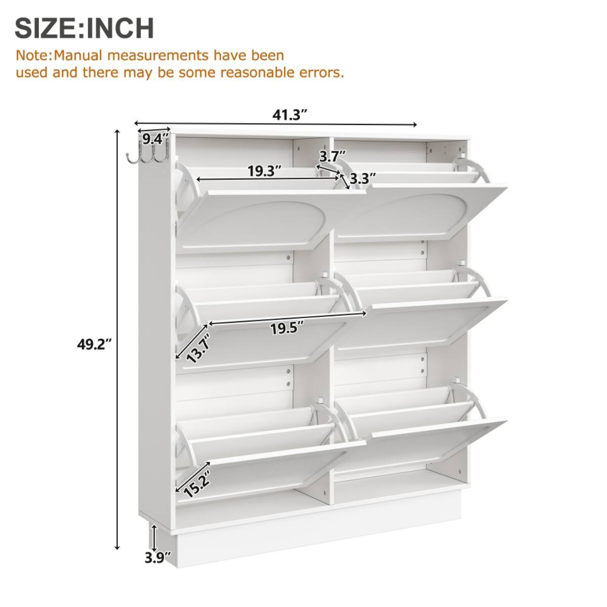 SIZE: INCH

Note: Manual measurements have been used and there may be some reasonable errors.

- Height: 49.2"
- Width: 41.3"
- Depth: 19.3"
- Shelf 1: 19.5" (width) x 13.7" (depth)
- Shelf 2: 19.5" (width) x 15.2" (depth)
- Shelf 3: 19.5" (width) x 15.2" (depth)
- Shelf 4: 19.5" (width) x 15.2" (depth)
- Shelf spacing: 3.7" (between shelves)
- Overall depth: 3.9"