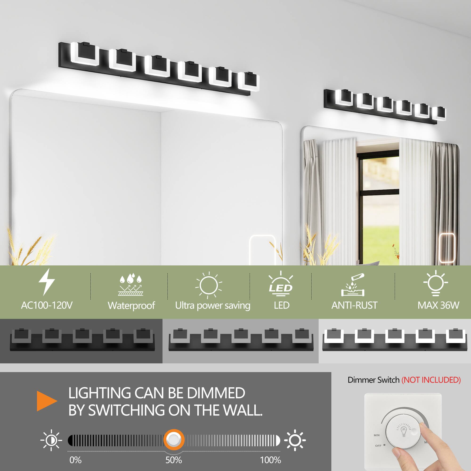 LED AC100-120V Waterproof Ultra power saving LED ANTI-RUST MAX 36W LIGHTING CAN BE DIMMED BY SWITCHING ON THE WALL. Dimmer Switch (NOT INCLUDED) CAUAUUNN - .. - 0% 50% 100%