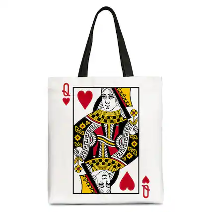 Front. OrnamentallyYou - Queen of Hearts Crown Canvas Tote Bag, Royal Retro Valentine Gift Bag - White Black.