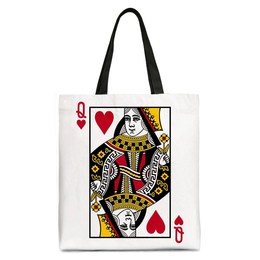 Front. OrnamentallyYou - Queen of Hearts Crown Canvas Tote Bag, Royal Retro Valentine Gift Bag - White Black.
