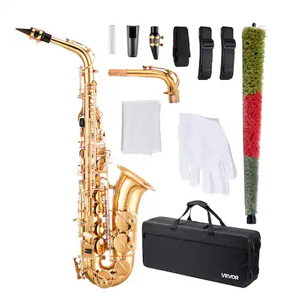Front. VEVOR - Alto Saxophone, E Flat, Brass Saxophone Beginner Kit with Carrying Case, Mouthpiece, Straps, Cleaning Cloth Rod - Gold.