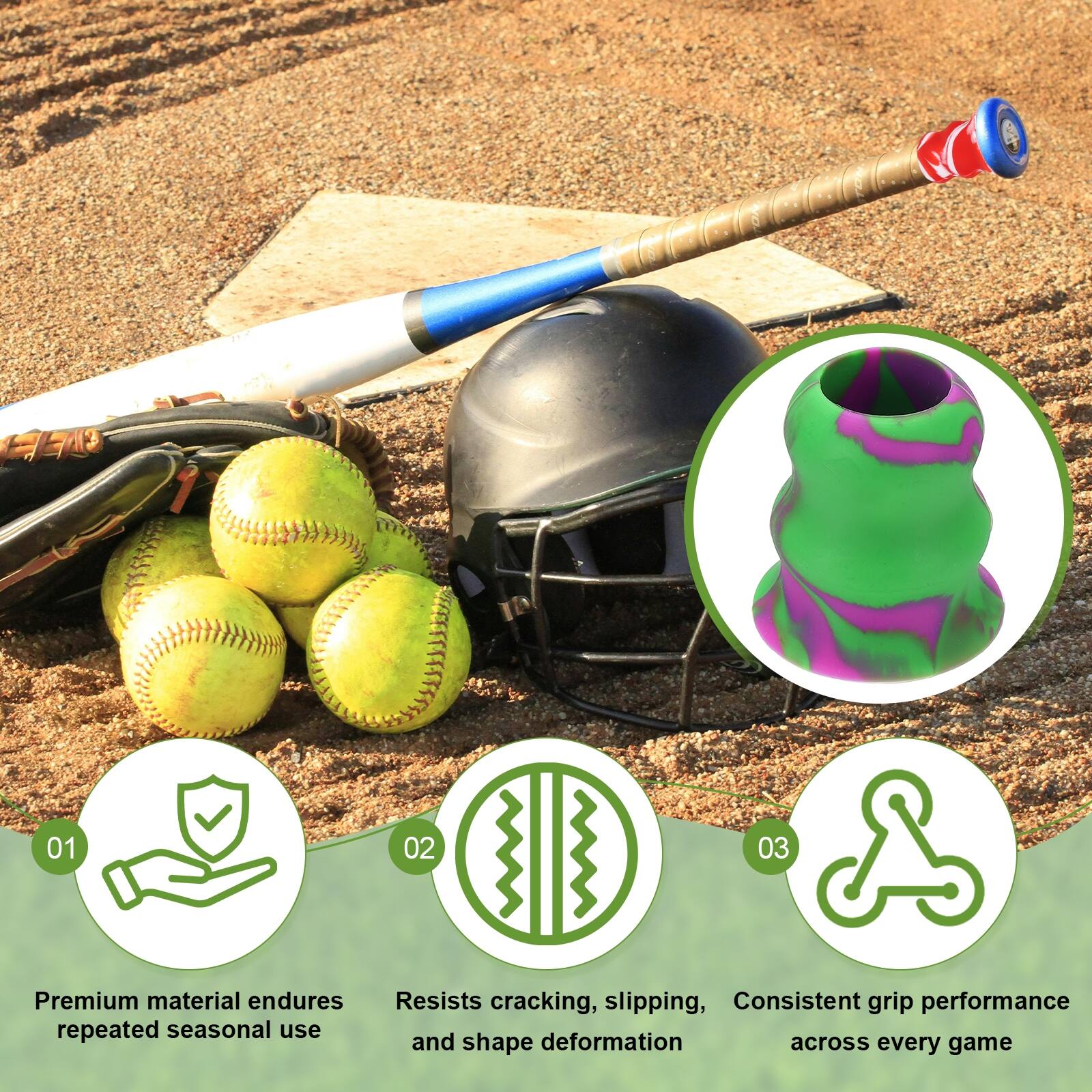 01 Premium material endures repeated seasonal use  
02 Resists cracking, slipping, and shape deformation  
03 Consistent grip performance across every game