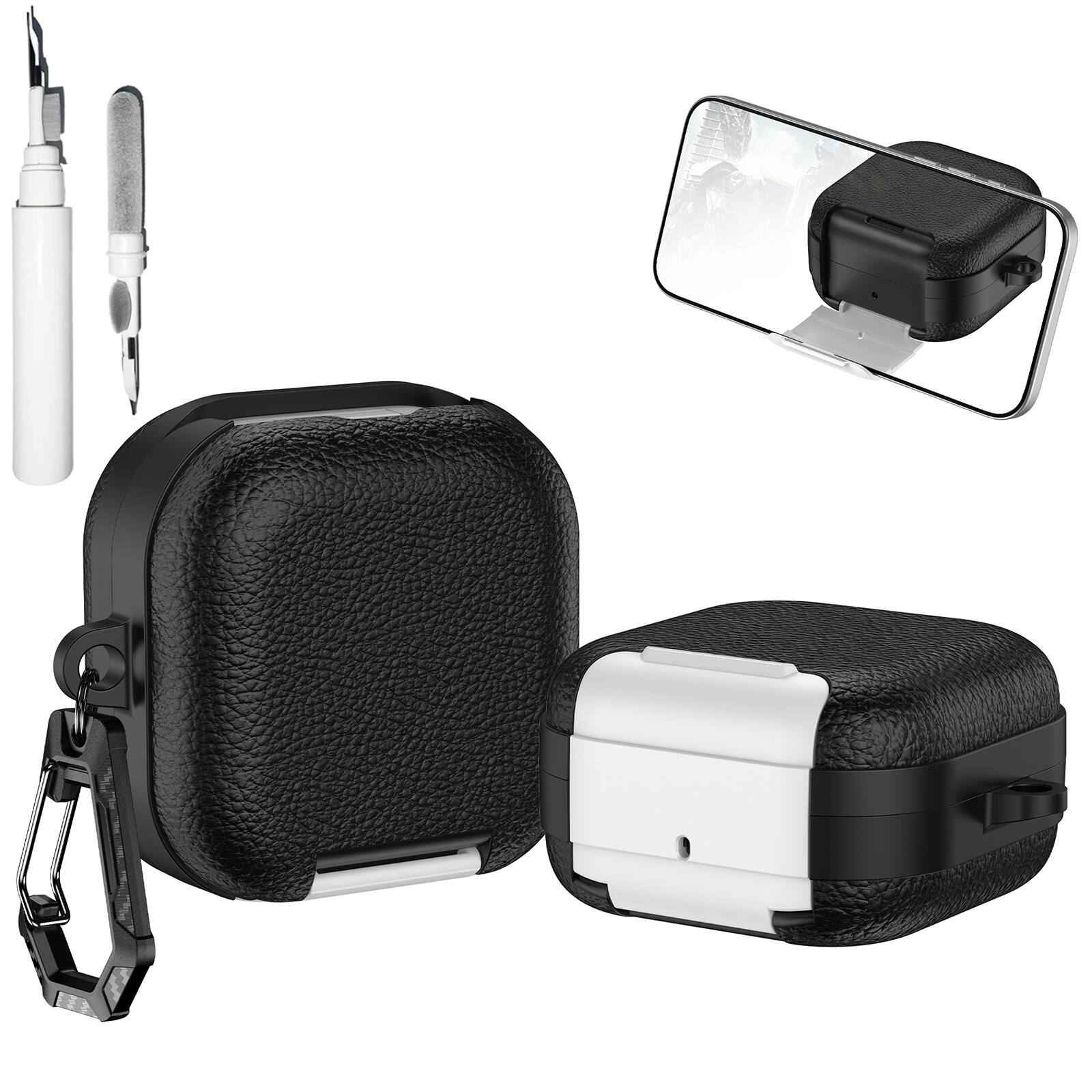 Dteck - Case for Samsung Galaxy Buds 4 / Buds 4 Pro with Phone Holder & Keychain,Leather Texture Earbuds Cover for Man Women - White Black