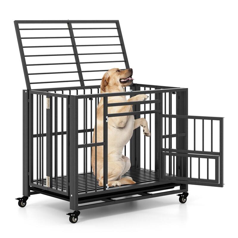 Alt View 1. WELLFOR - Heavy Duty Dog Crates with Lockable Wheels and Doors, Foldable Chew-proof Dog Cage for Indoor - Black.