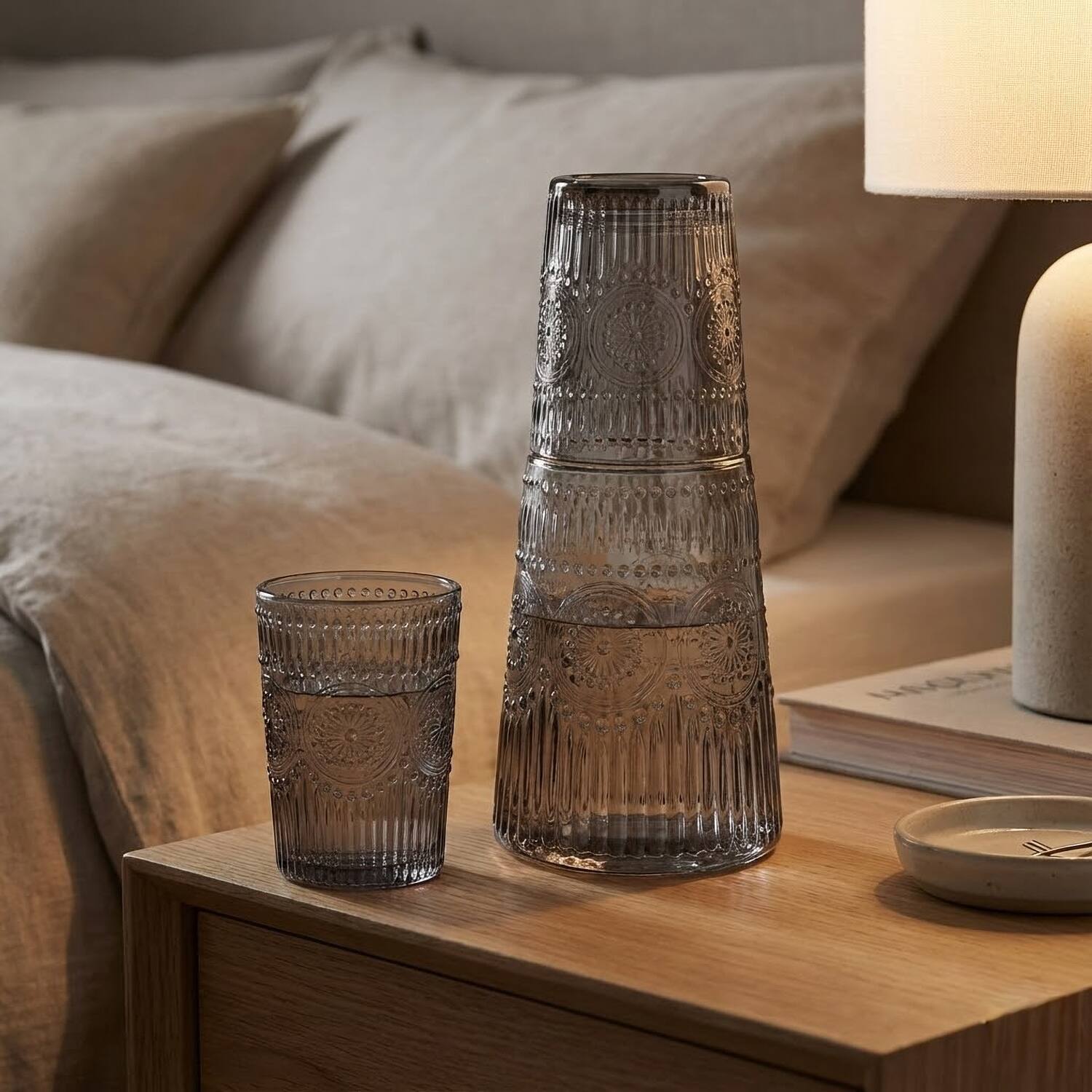 Angle. Jay Import - Vintage Smoke Gray Carafe Set 32.13 OZ. - Gray.