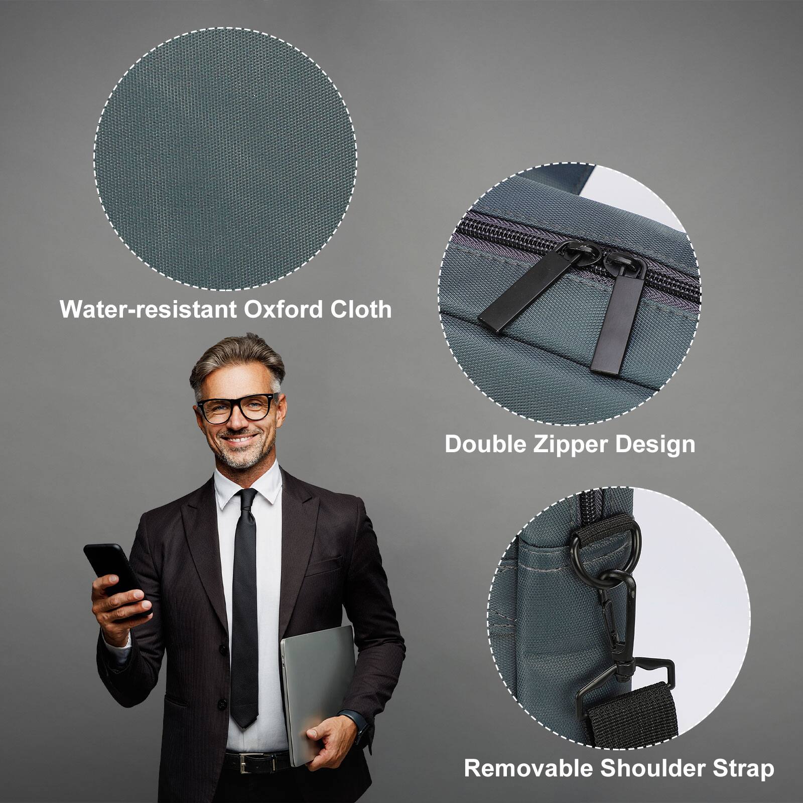 Water-resistant Oxford Cloth  
Double Zipper Design  
Removable Shoulder Strap