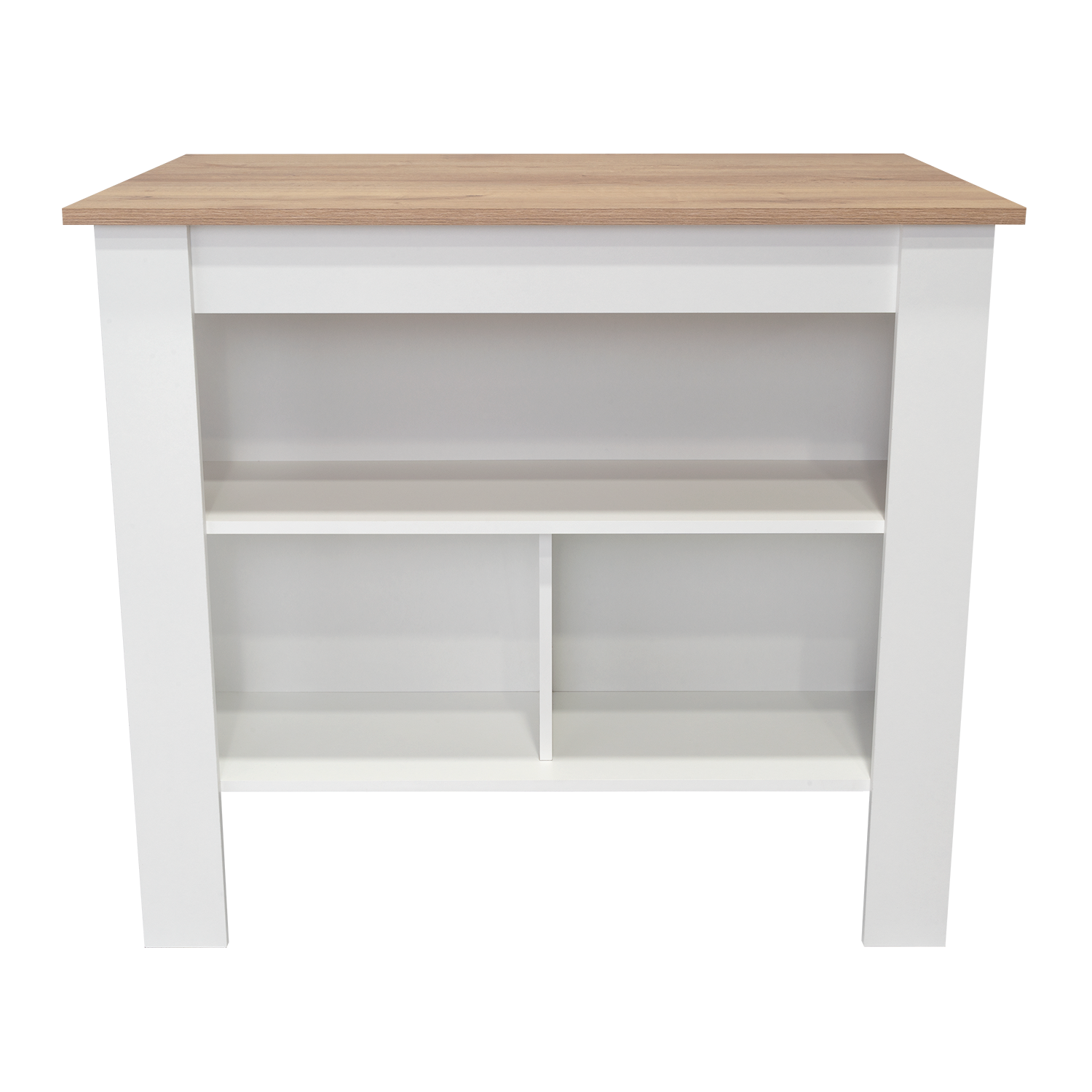 Back. TuHome - Cala Kitchen Island, Four Legs, Three Shelves, White and Light Oak - White, Light Oak.