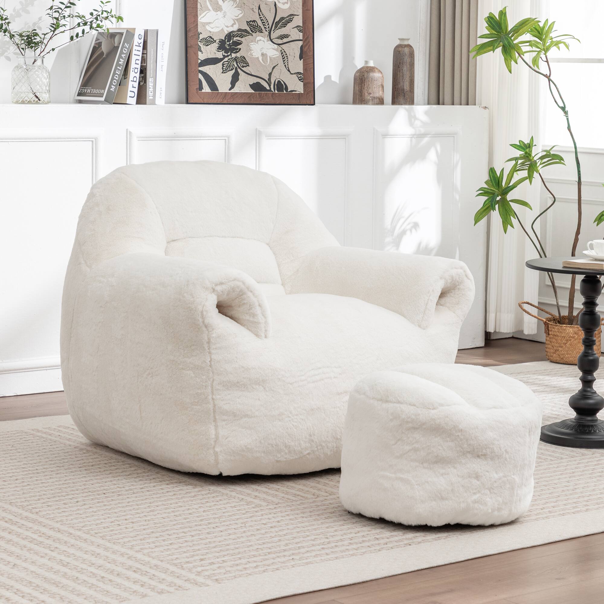 GOODSILO - Comfy Bean Bag Chair with Back Support & Footstool | Soft Faux Fur Floor Sofa for Adults & Kids - White
